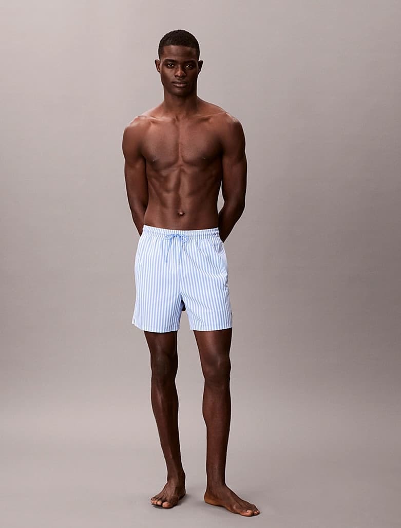 Boxer Mare Uomo Calvin Klein a Righe Corto con CK Monogram e Cordoncino Medio - 7