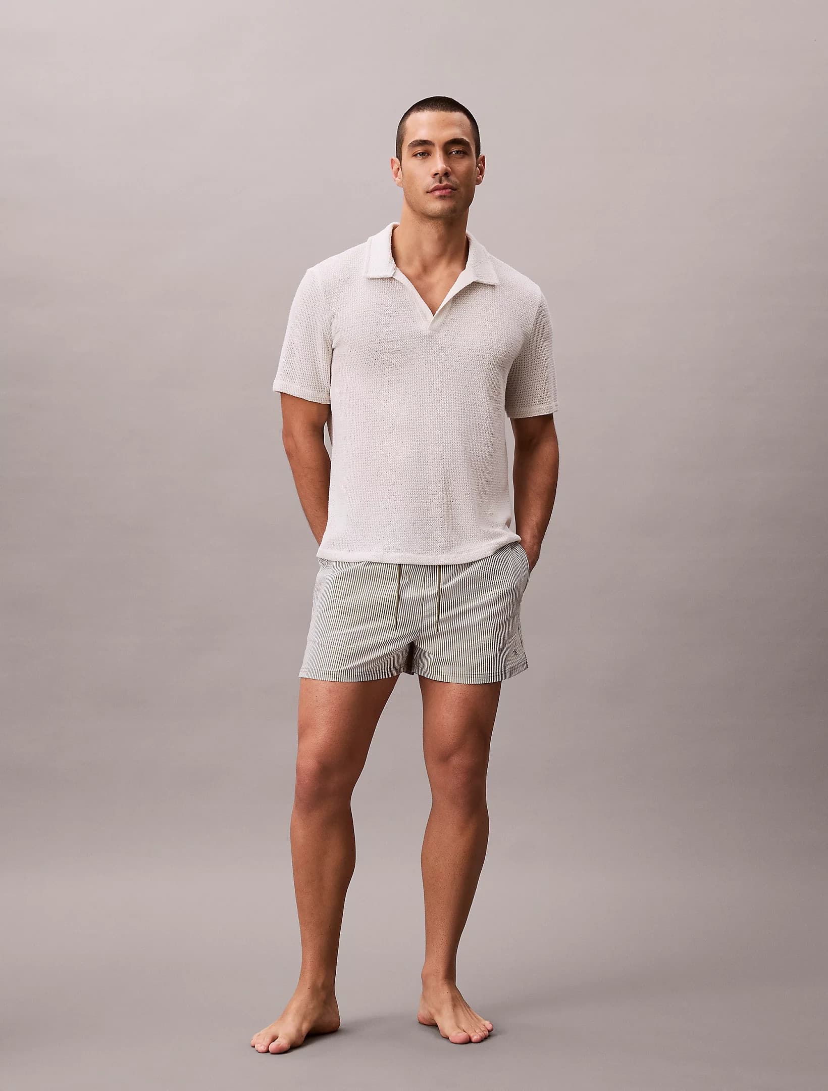 Boxer Mare Calvin Klein Uomo Rigato in Tessuto Seersucker con Cordoncino - 4