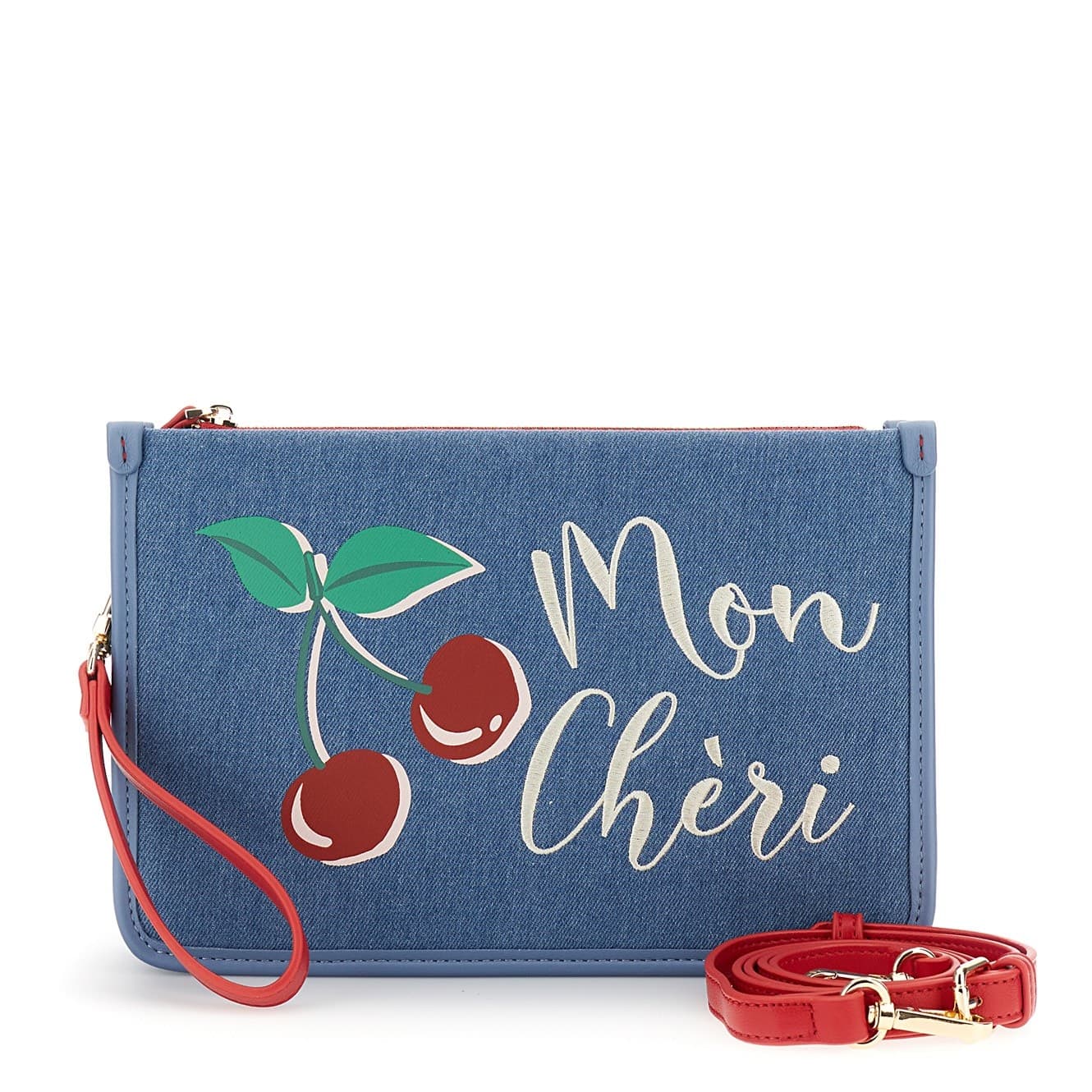 CLUTCH IN CANVAS E MATERIALE SINTETICO EFFETTO  NAPPA CON STAMPA E RICAMO SUL PA