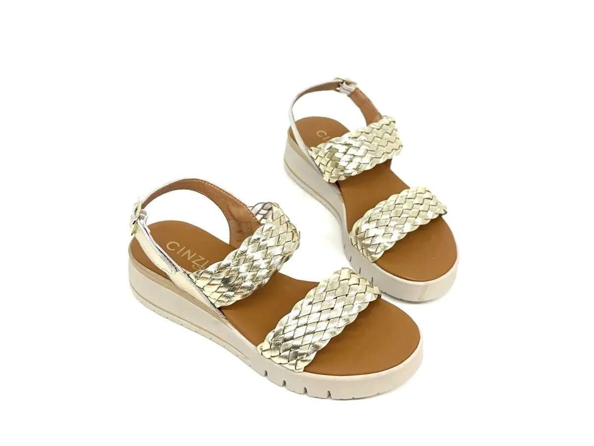 Cinzia Soft sandali donna pelle platino intrecciata zeppa leggera - 3