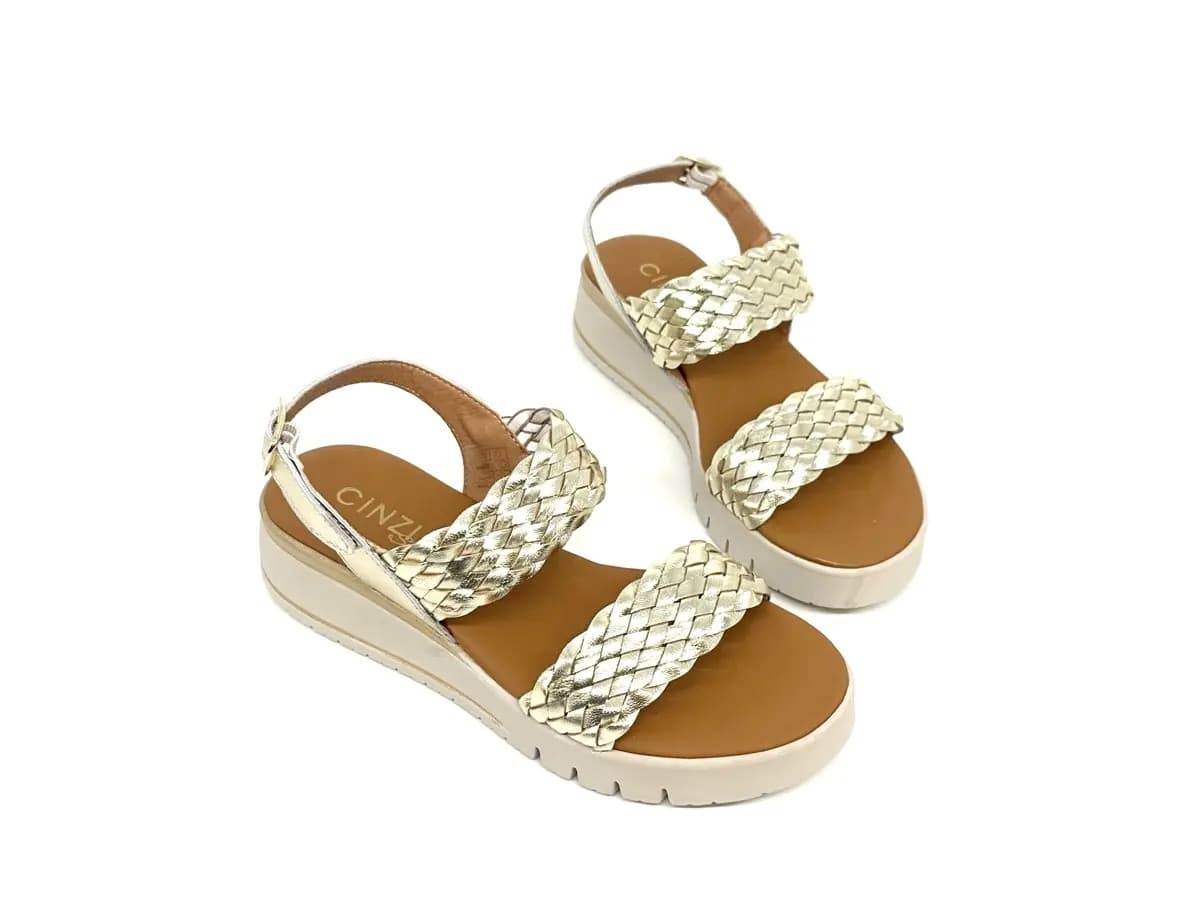 Cinzia Soft sandali donna pelle platino intrecciata zeppa leggera - 3