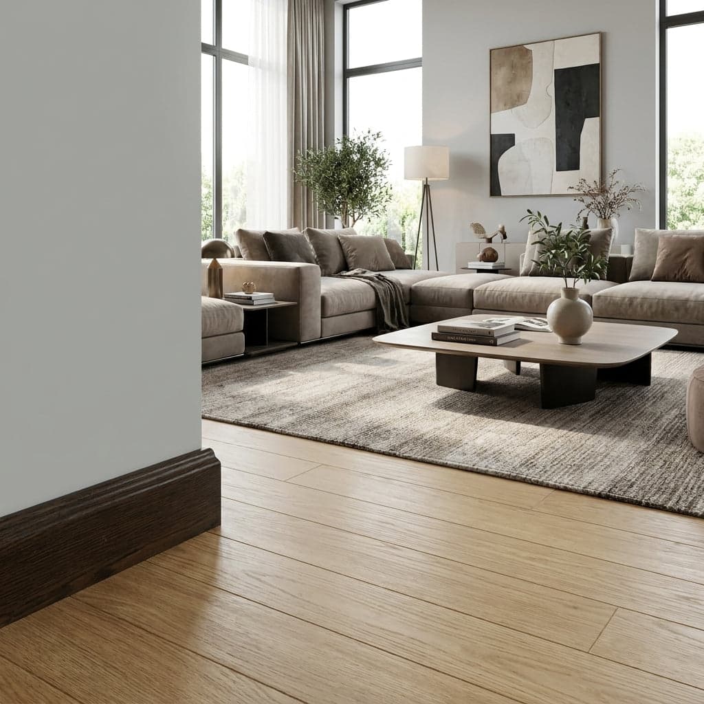 BATTISCOPA DUCALE in legno MASSELLO impiallacciato VERO LEGNO DI ROVERE T.NOCE SCURO  80x15 verniciato opaco poro aperto (prezzo al metro) - 3