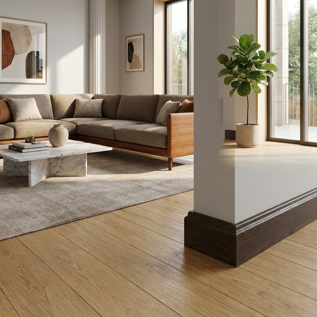 BATTISCOPA DUCALE in legno MASSELLO impiallacciato VERO LEGNO DI ROVERE T.NOCE SCURO  80x15 verniciato opaco poro aperto (prezzo al metro) - 4