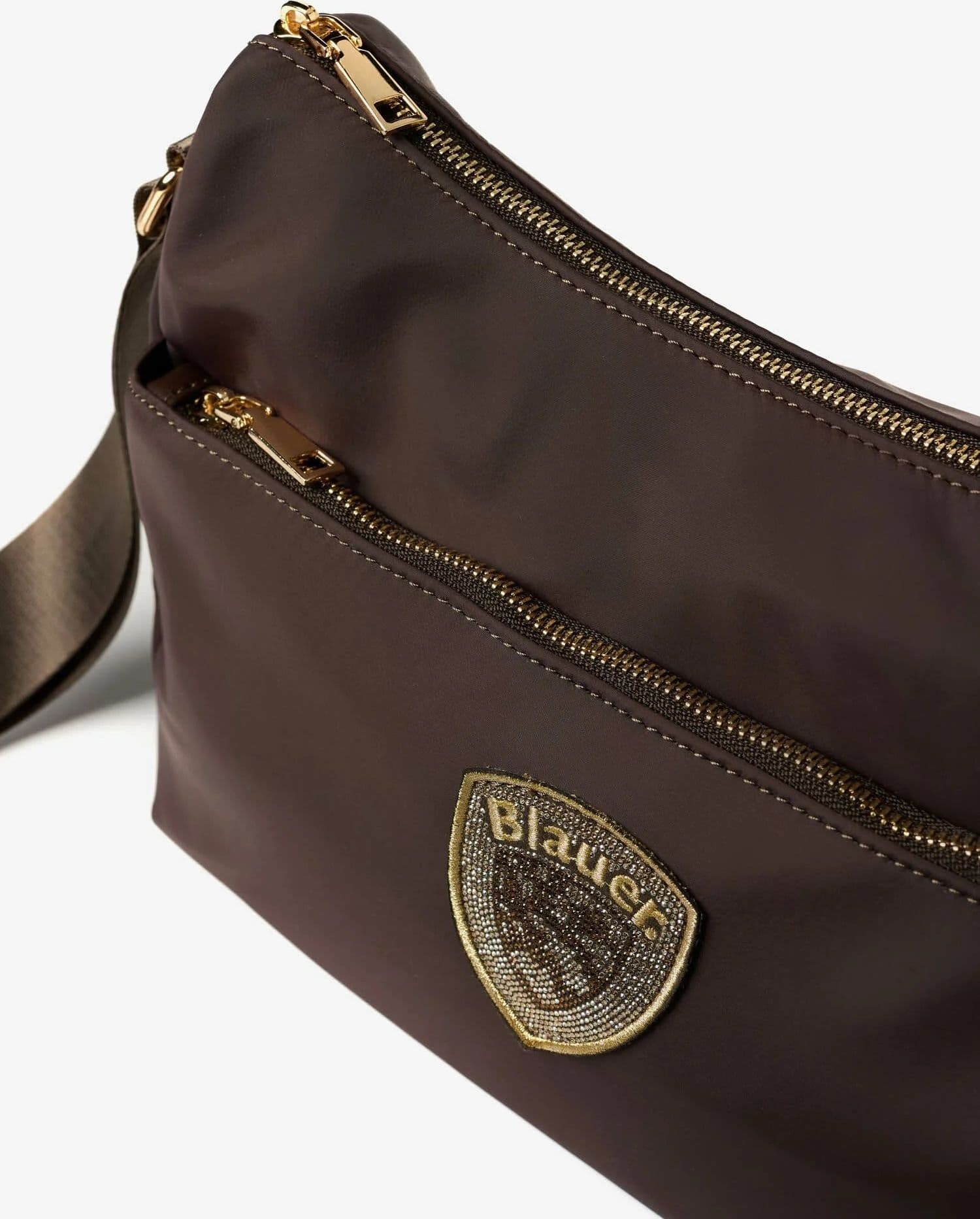 Blauer borsa donna a tracolla in nylon marrone con logo glitter - 2