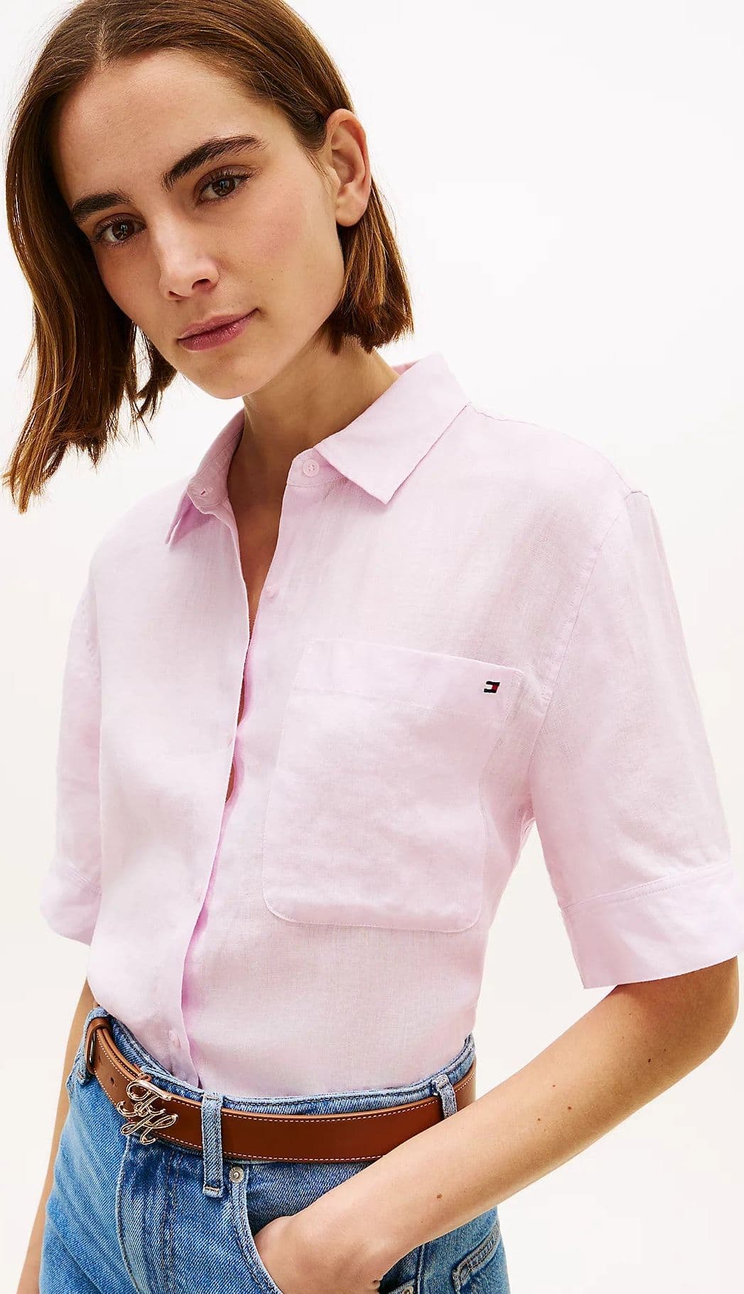 Camicia donna Tommy Hilfiger in lino relaxed fit rosa maniche corte WW0WW48925VQU - 2