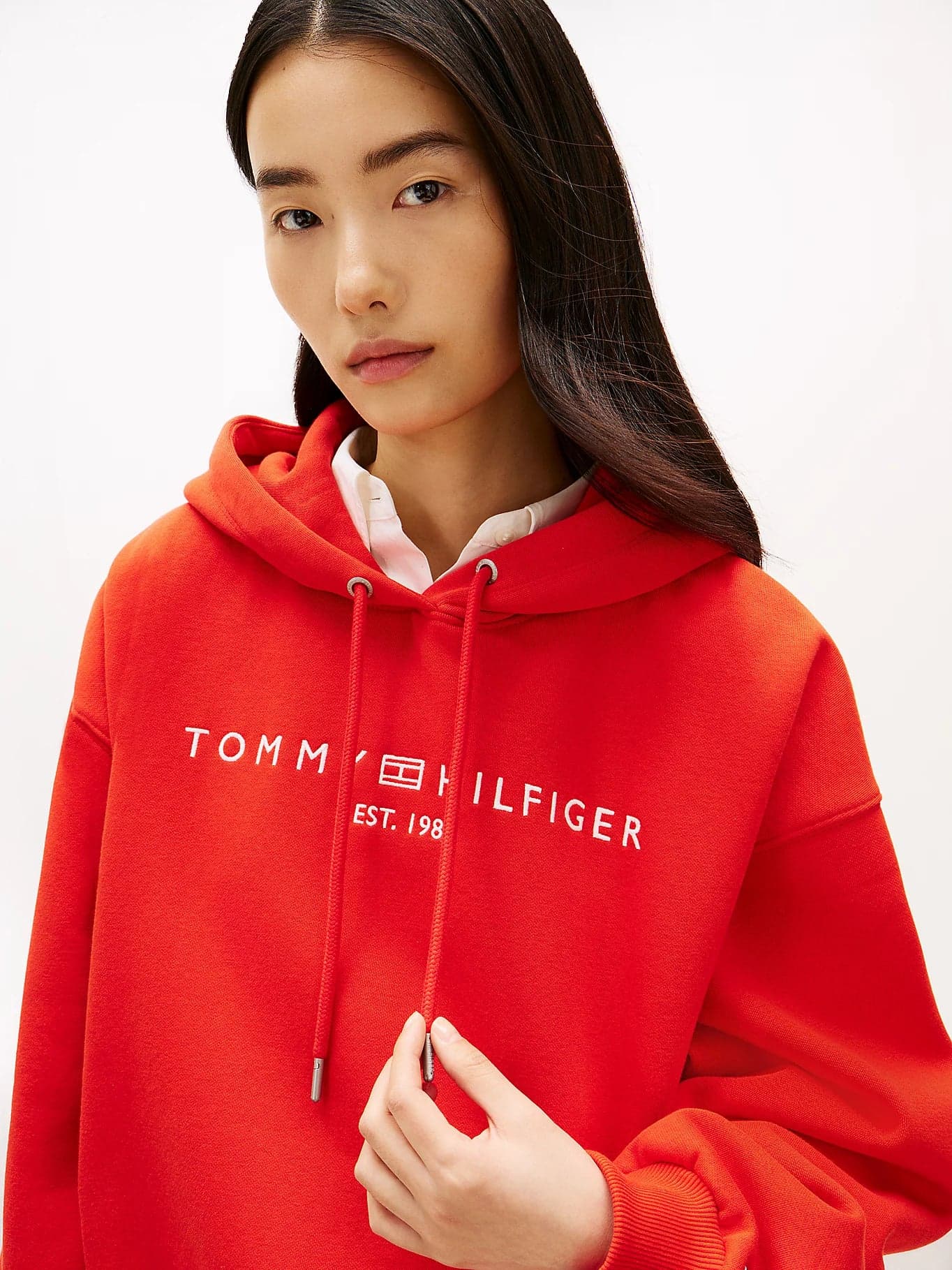 Felpa donna Tommy Hilfiger con cappuccio relaxed fit rossa logo frontale WW0WW47832SNE - 2