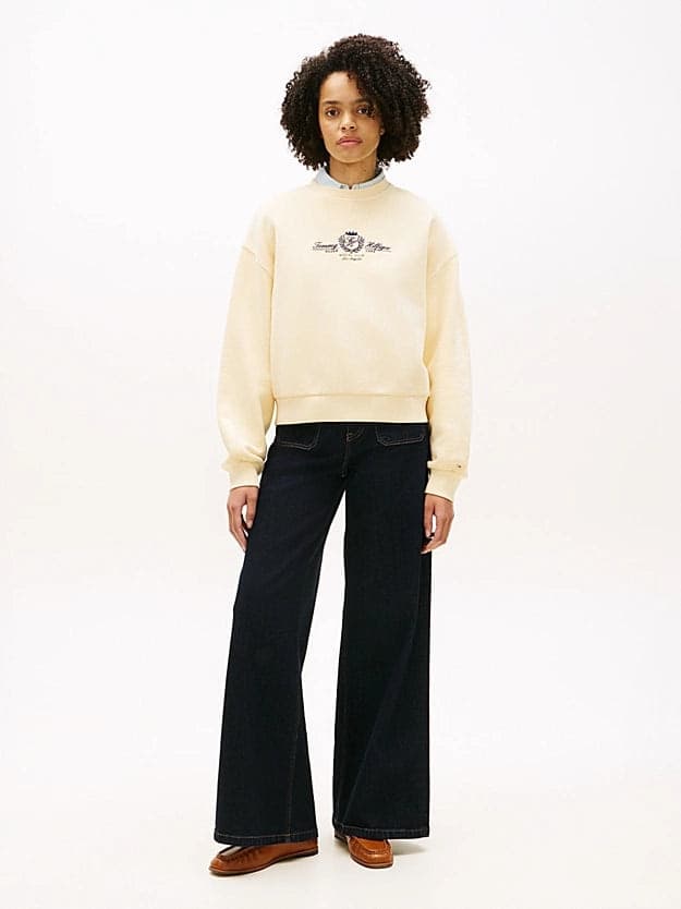 Felpa donna Tommy Hilfiger panna relaxed fit in cotone con stemma ricamato – WW0WW48733AEX - 3