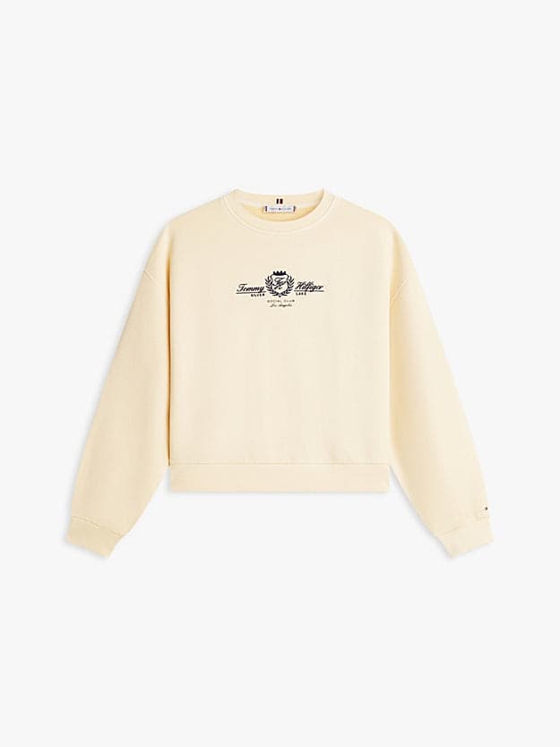 Felpa donna Tommy Hilfiger panna relaxed fit in cotone con stemma ricamato – WW0WW48733AEX - 5