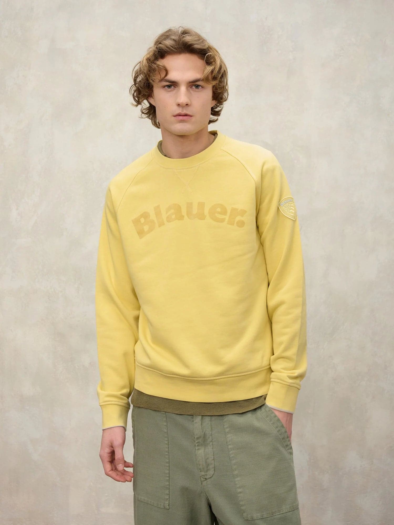 Felpa Uomo Blauer Camp 26SBLUF03242 girocollo con stampa floc – Giallo - 3