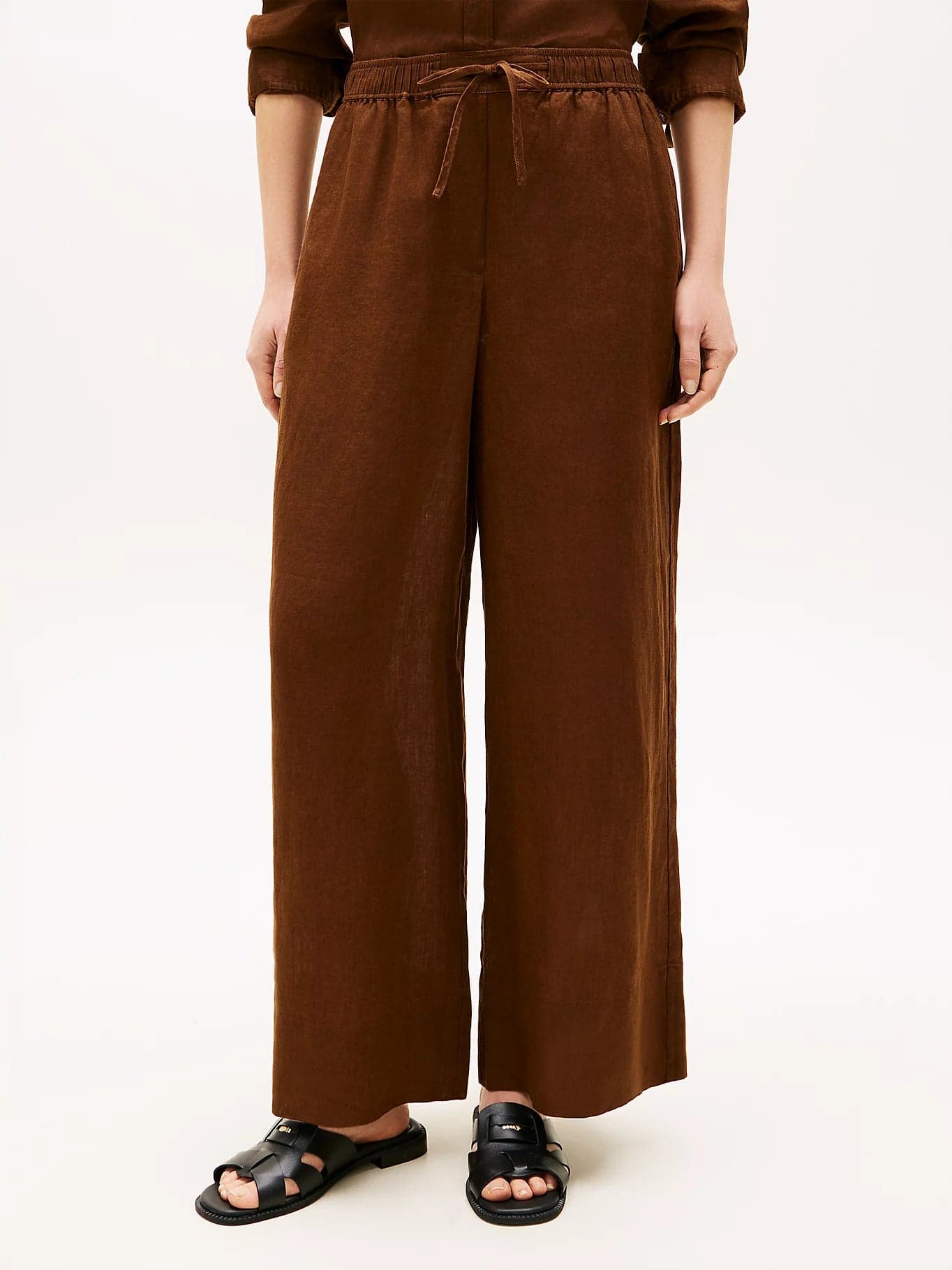 Pantalone donna Tommy Hilfiger in lino relaxed fit ampio marrone WW0WW48970GV0 - 2