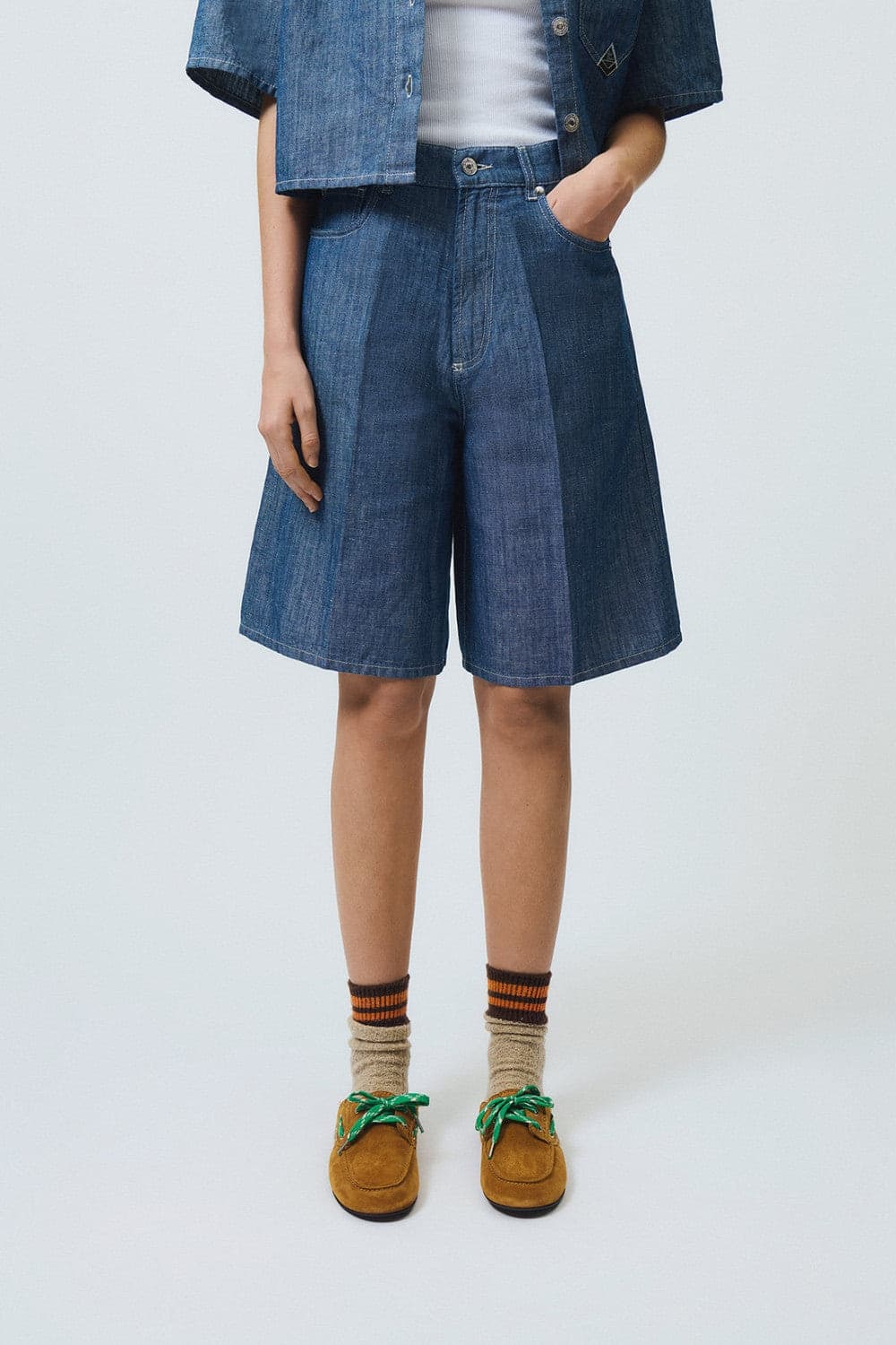 Roy Roger's bermuda donna in denim chambray cotone lino vita alta - 2
