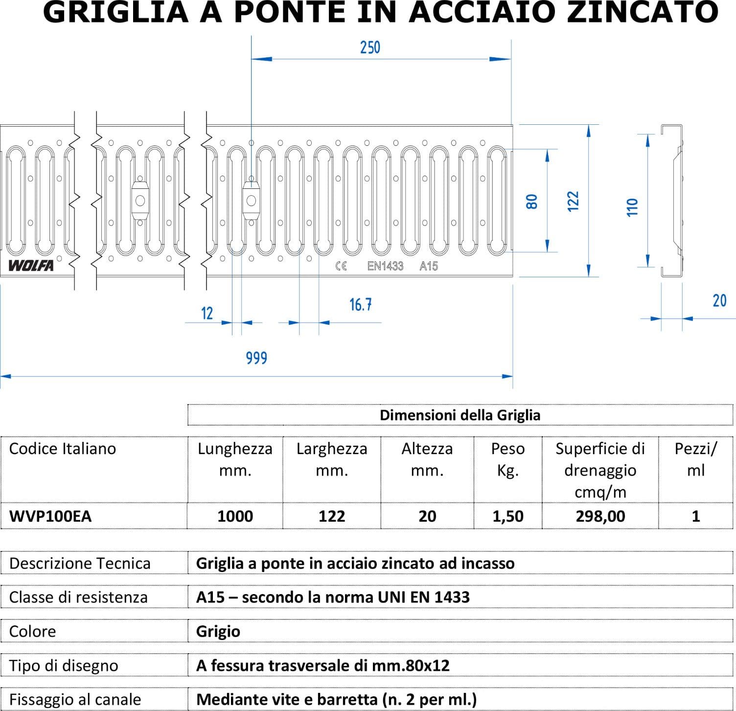 Griglia Scolo Acqua Piovana in Acciaio Zincato A15 100x12 cm. a pressione - 7