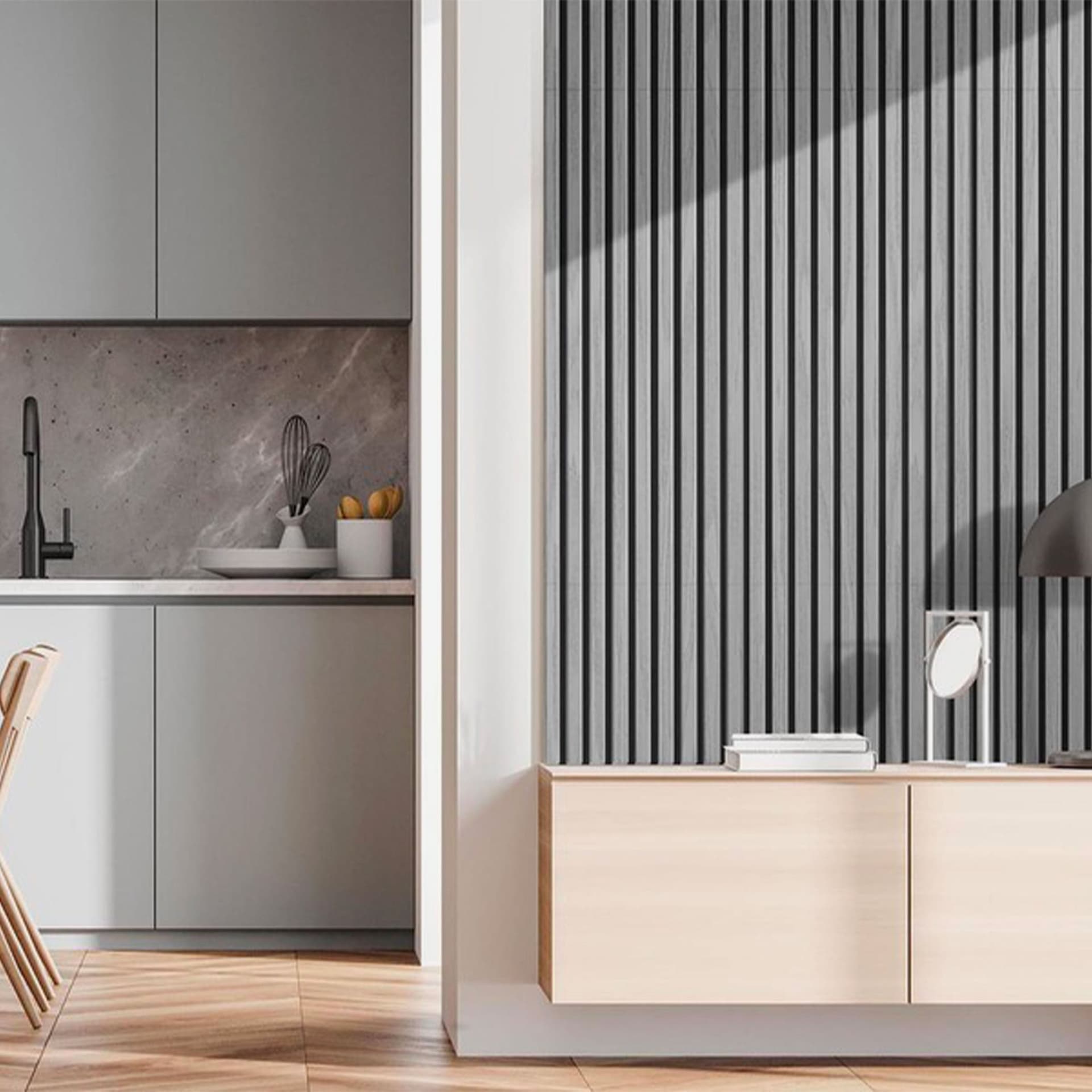 Pannello Acustico Feltro e fibra di legno Lamelli millerighe ROVERE GRIGIO 120x34x1,5 - 6