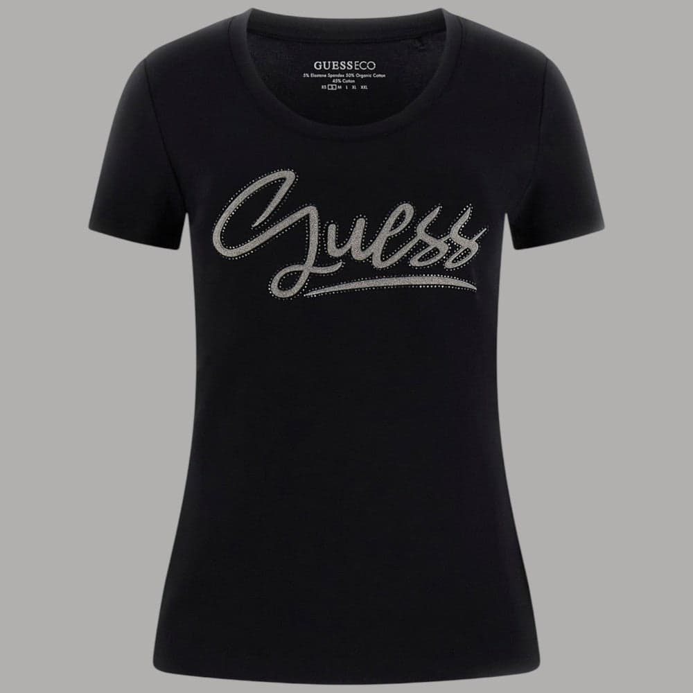 T-shirt Guess Donna Slim, Jersey Cotone con Logo Strass - 13