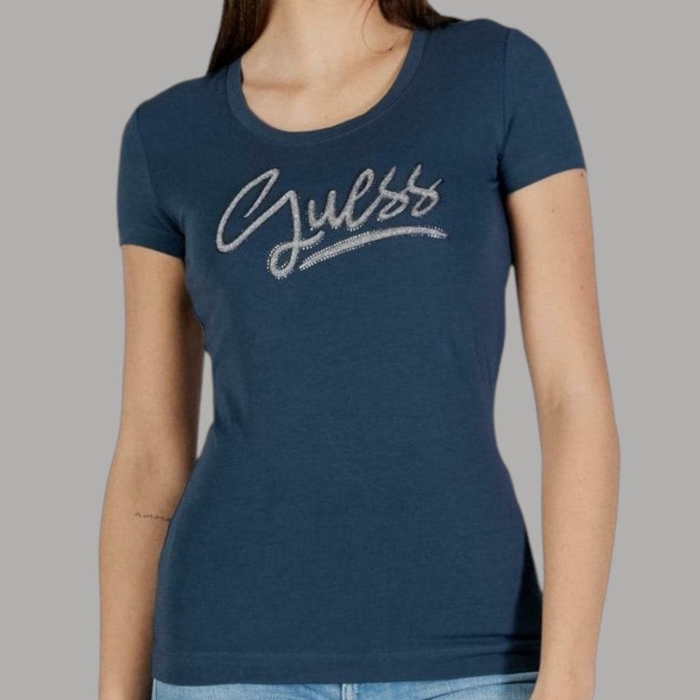 T-shirt Guess Donna Slim, Jersey Cotone con Logo Strass - 6