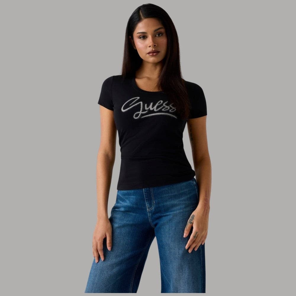 T-shirt Guess Donna Slim, Jersey Cotone con Logo Strass - 9
