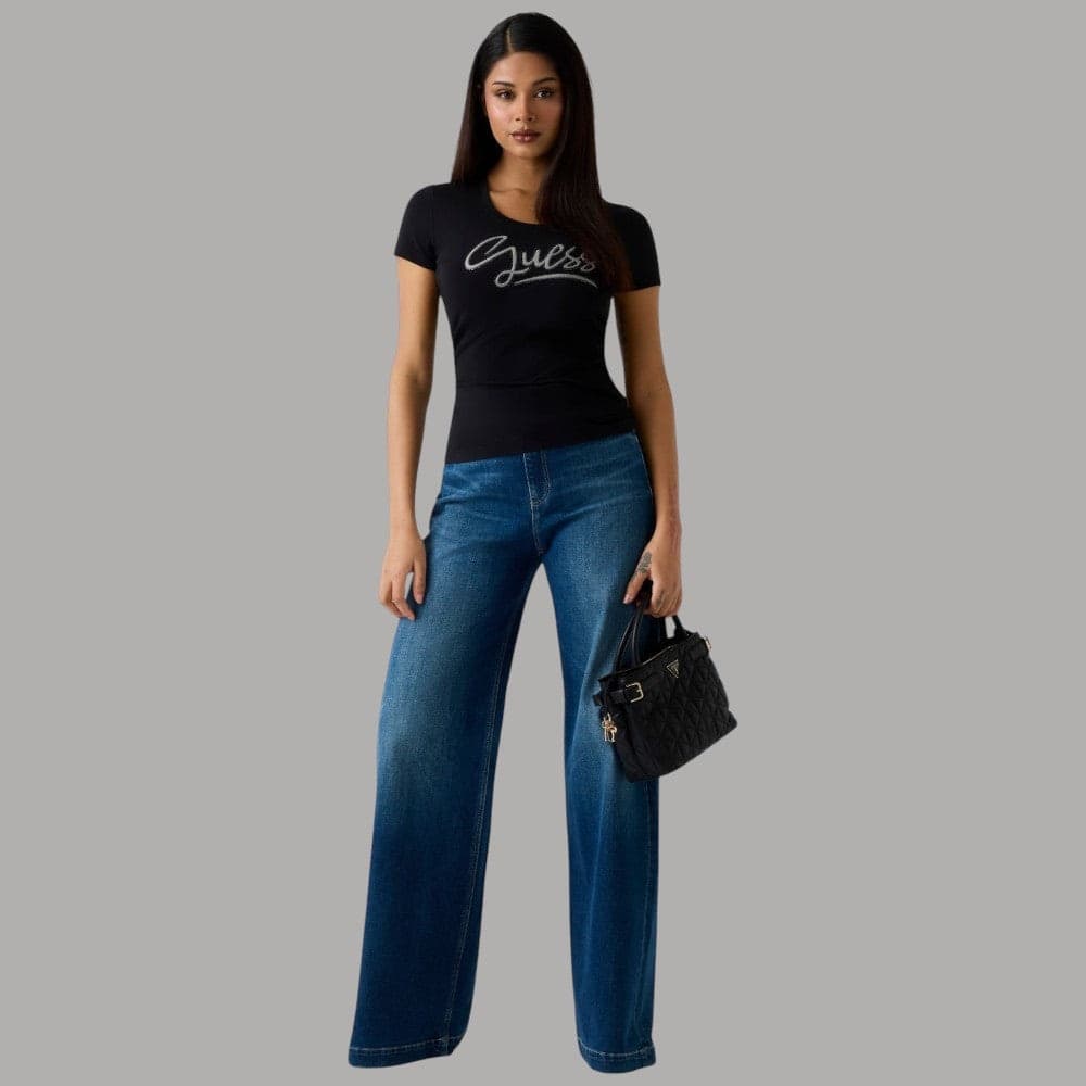 T-shirt Guess Donna Slim, Jersey Cotone con Logo Strass - 10