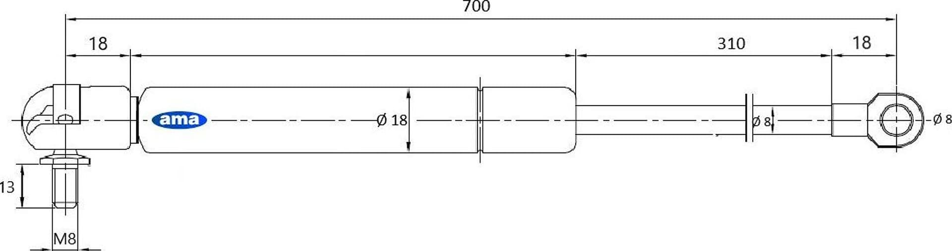 Molla a gas estensione max 700mm corsa 309mm 200 N - 2
