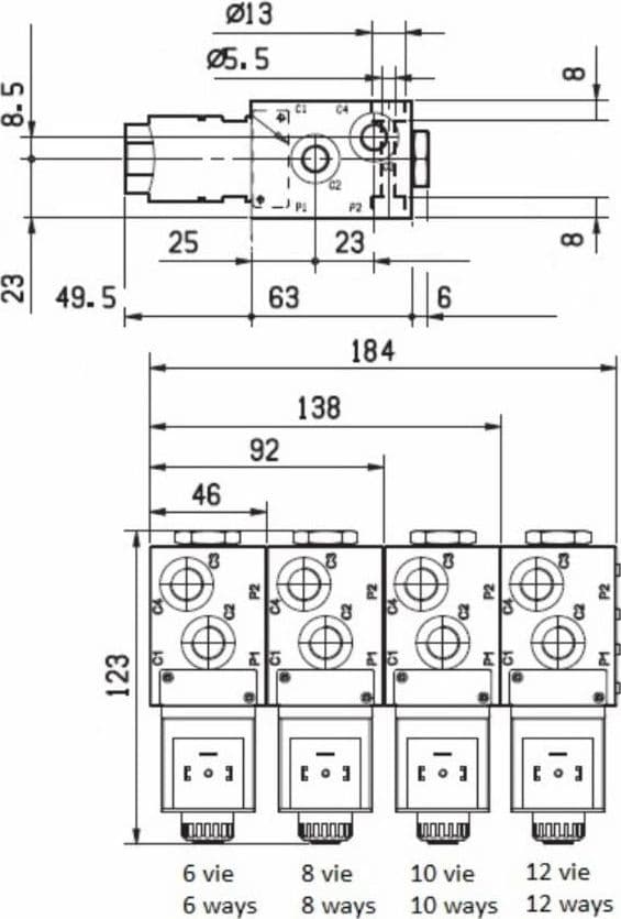 Deviatore elettrico modulare a 6 vie da 1/4" 12VDC - 3