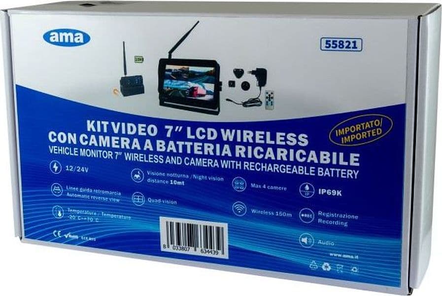 Kit video wireless AHD 7" con camera magnetica a batteria ricaricabile 12-24V - 2