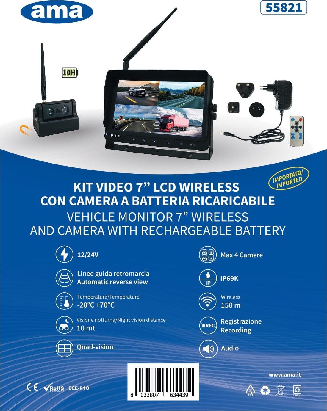 Kit video wireless AHD 7" con camera magnetica a batteria ricaricabile 12-24V - 3