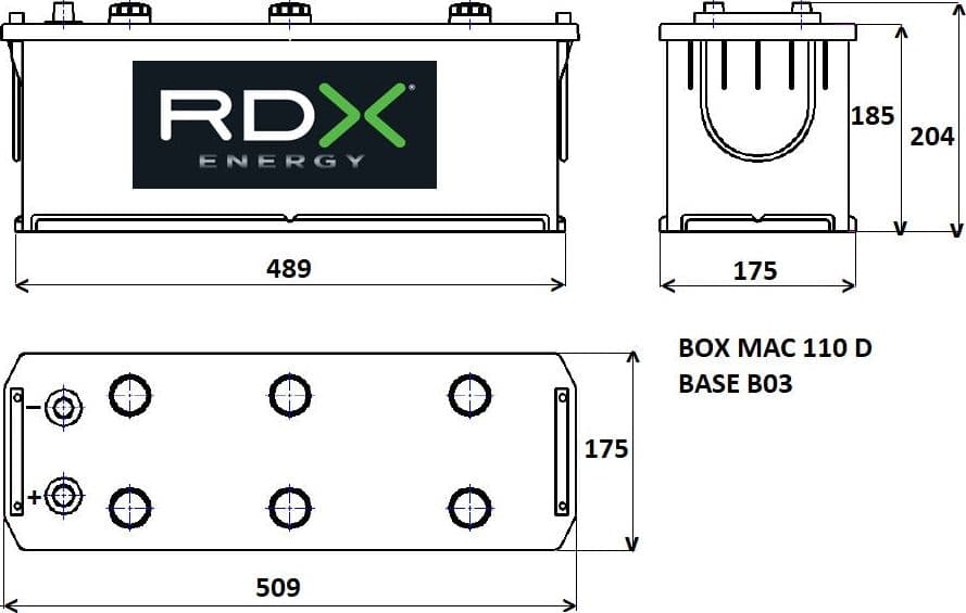 Batteria RDX destra 12V 135AH 800A 509x175x204mm - 2