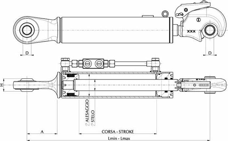 Terzo punto idraulico per trattore II cat. alesaggio 63mm Ø stelo 35mm lunghezza 505-695mm con valvola di blocco - 2