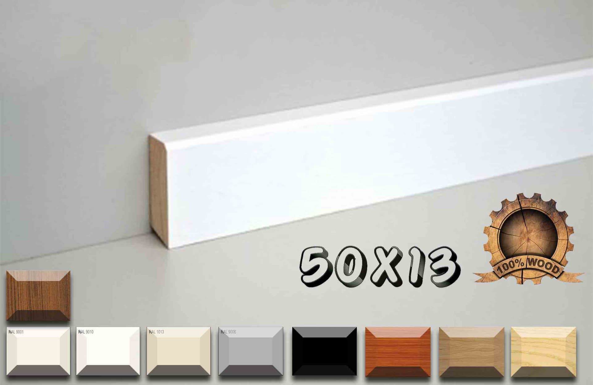 Battiscopa in legno laccato basso profilo quadro moderno 50x13 - 11 Colori (prezzo al metro)