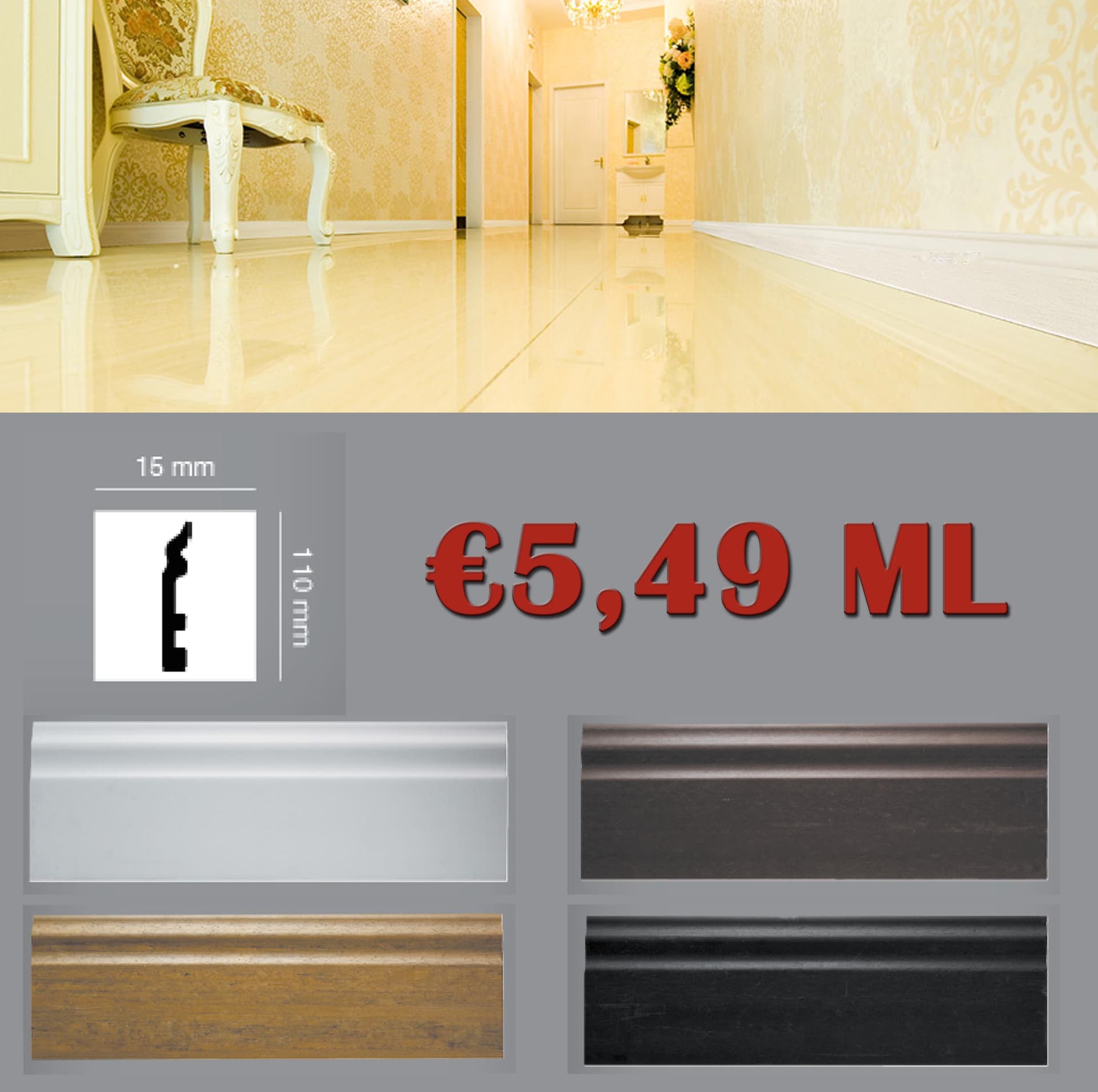Battiscopa passacavo DUCALE in polistrutturato inscalfibile ML 24 4 colori 15x110