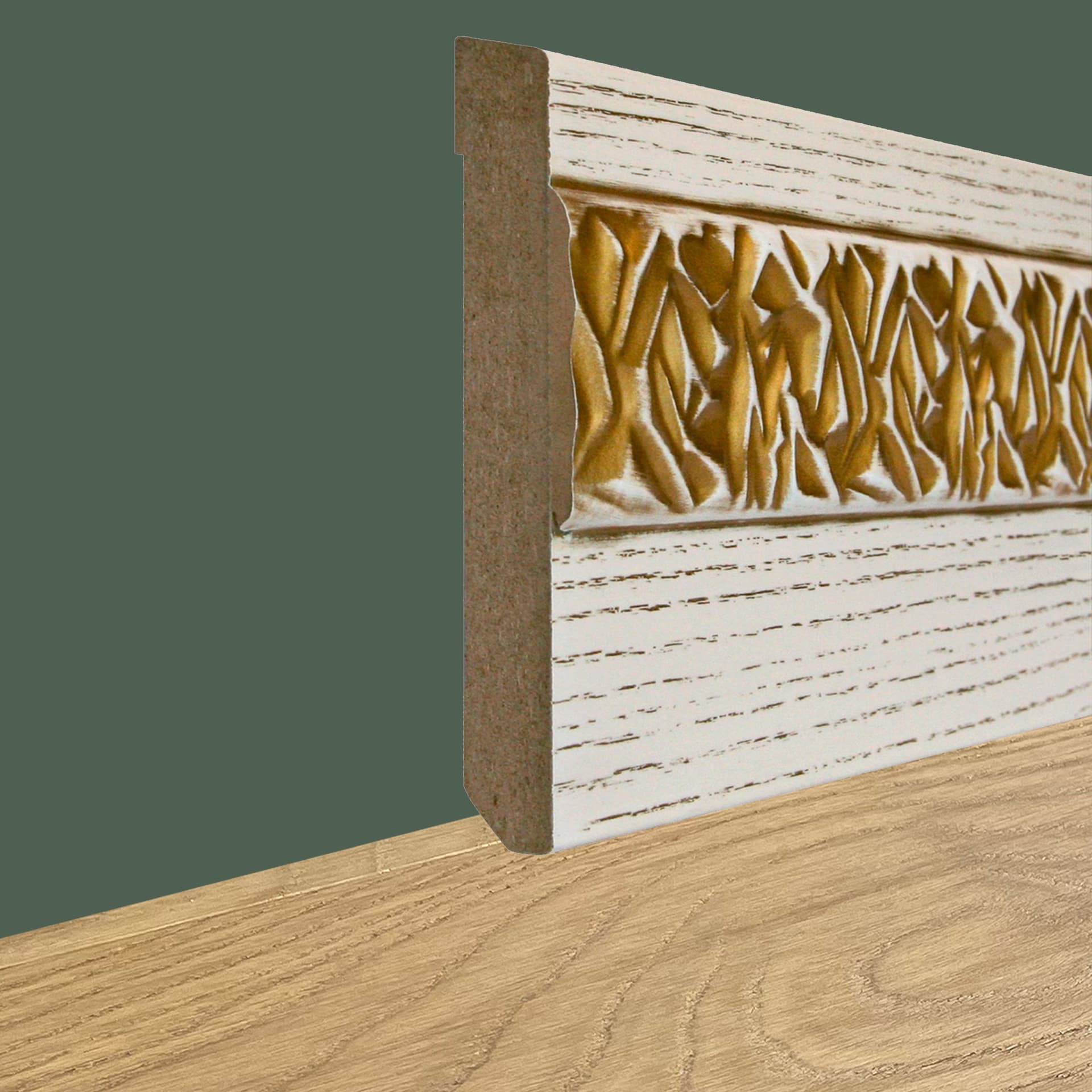 96ML di Battiscopa classico Fibra di Legno mod. OLYMPIA Bianco Antico con profilo ORO 120x15mm - 5