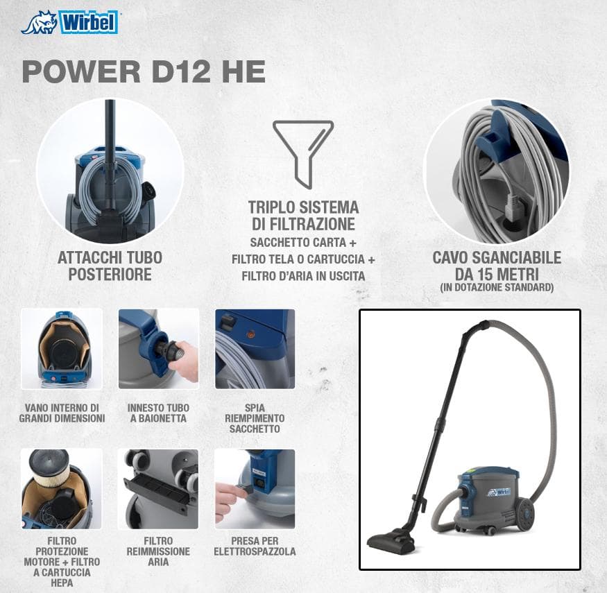 ASPIRAPOLVERE WIRBEL POWER D 12 HE 650W PROFESSIONALE CON ACCESSORI IN OMAGGIO - 2