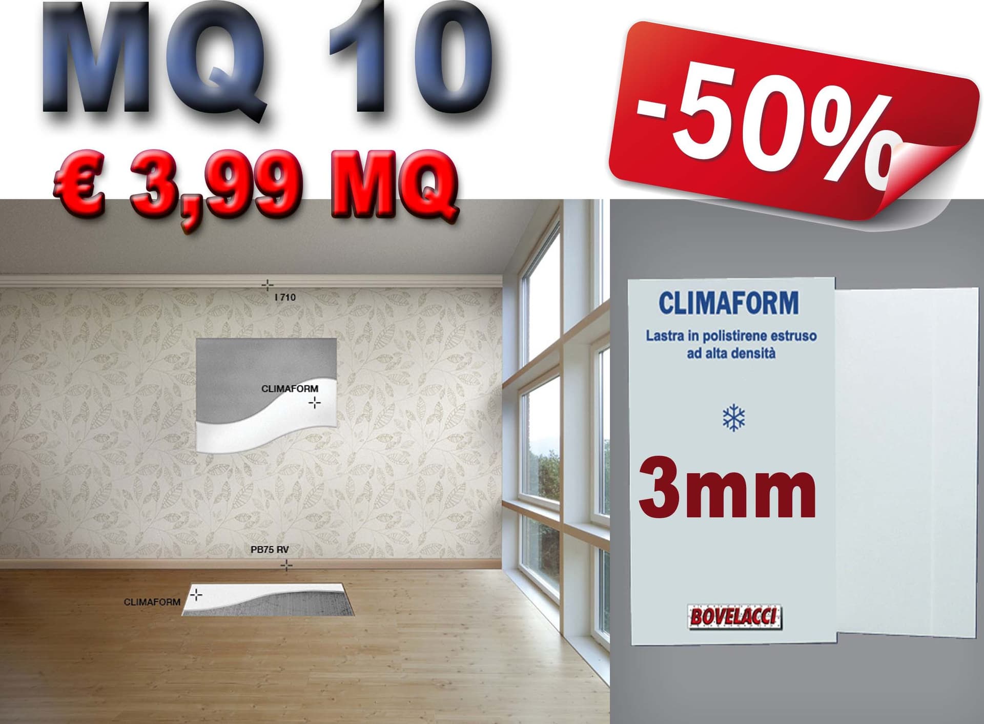 MQ 10 di CLIMAFORM 3mm  pannelli alta densità isolanti ed intonacabili per pareti, sottotetti e sottopavimenti. isolamento termico, acustico e antiumido. 80X125CM - 2
