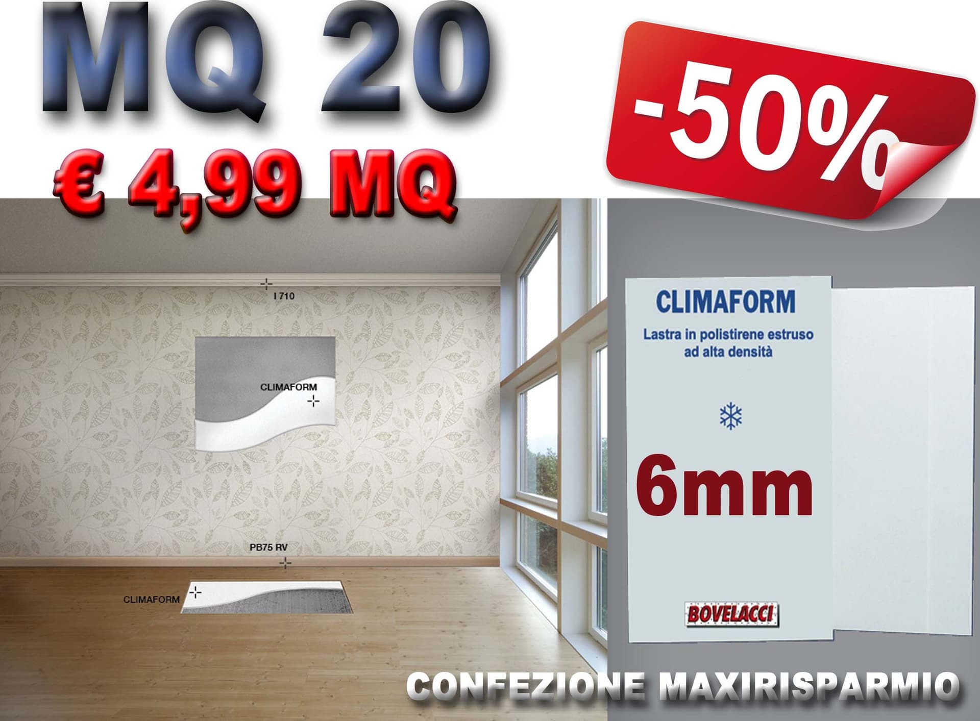 MQ 20 di CLIMAFORM 6mm  pannelli alta densità isolanti ed intonacabili per pareti, sottotetti e sottopavimenti. isolamento termico, acustico e antiumido. 80X250CM - 2