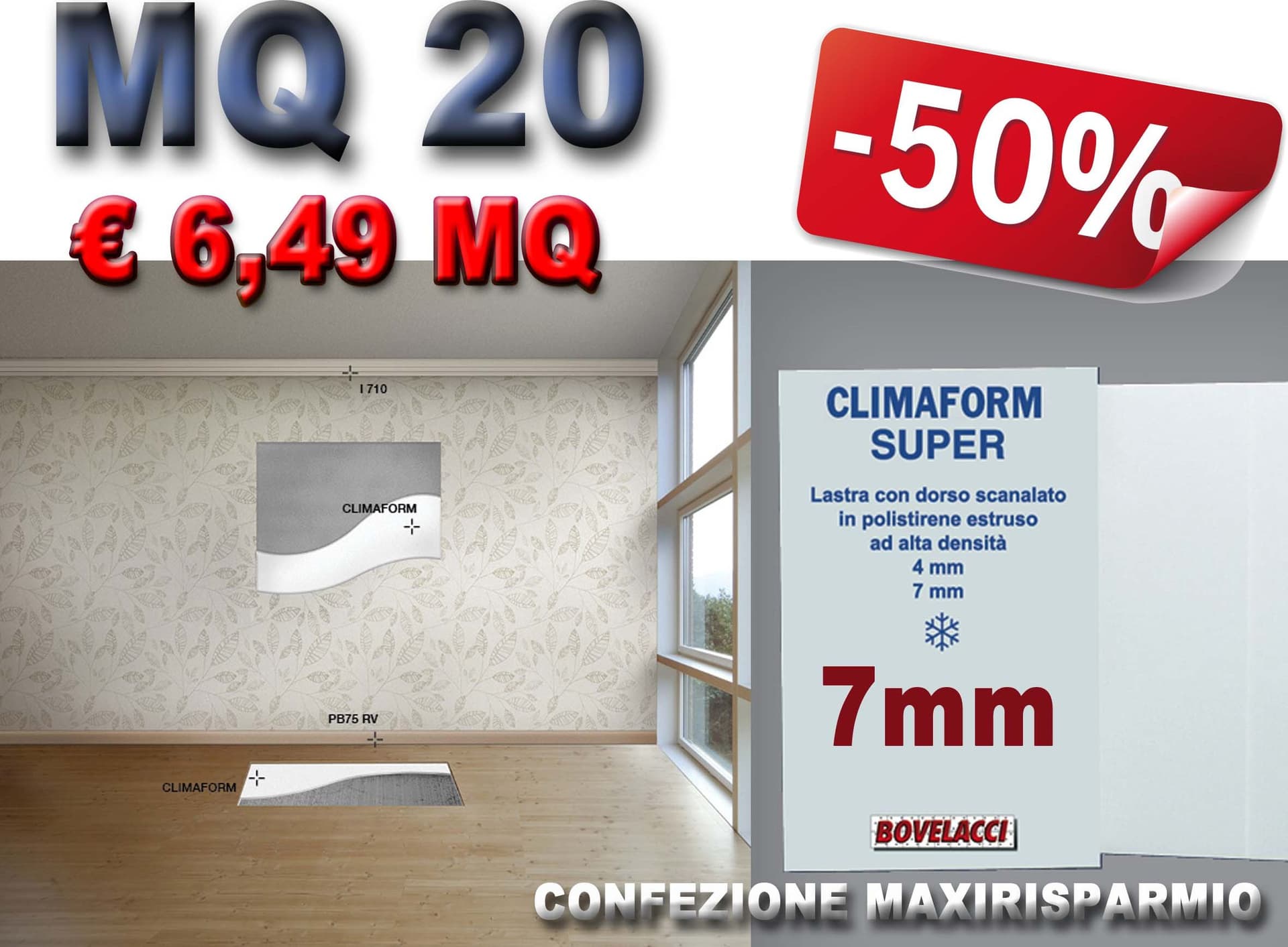 MQ 20 di CLIMAFORM SUPER 7mm  pannelli alta densità isolanti ed intonacabili per pareti, sottotetti e sottopavimenti. isolamento termico, acustico e antiumido. 80X250CM - 2