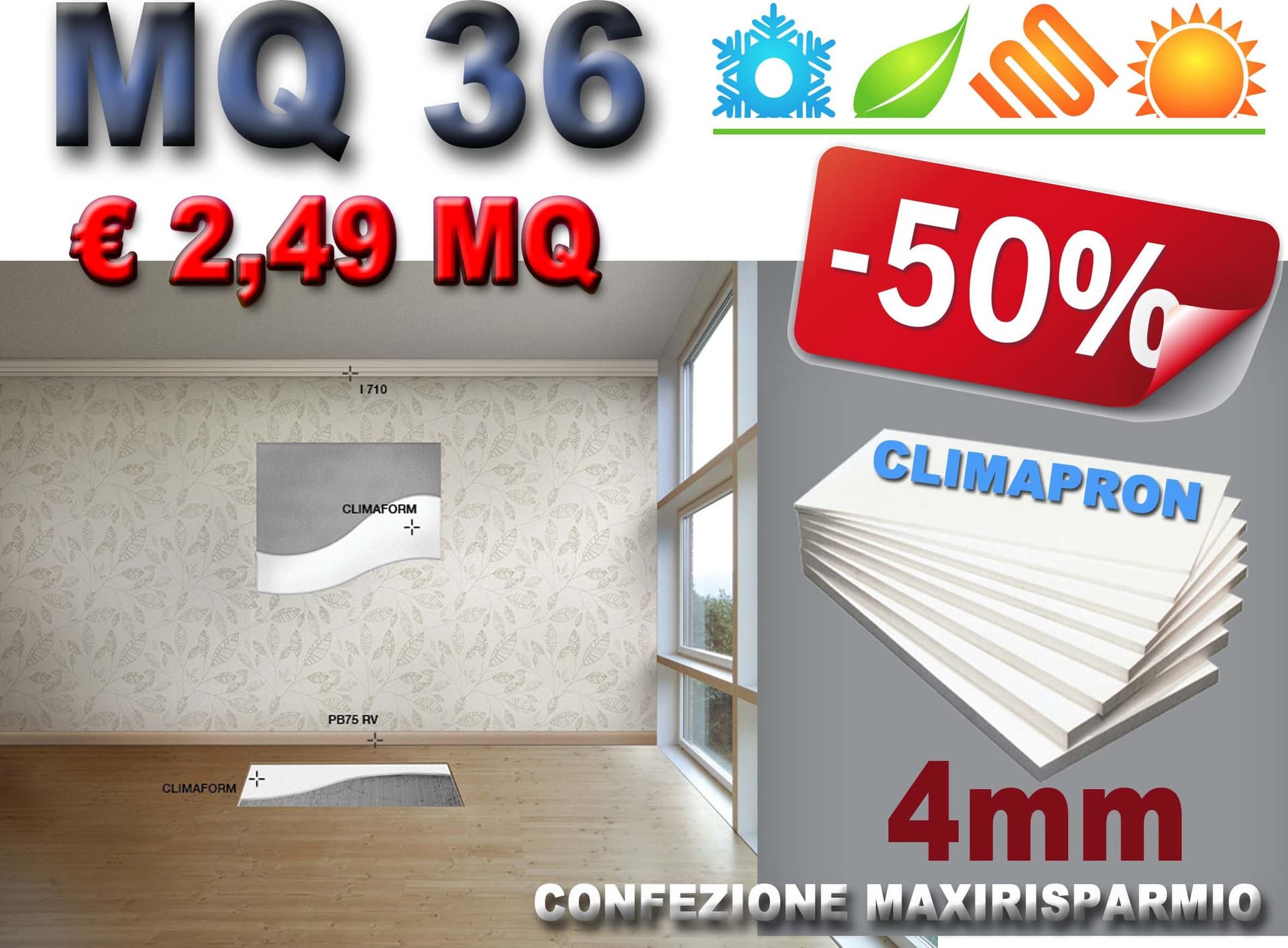 MQ 30 di CLIMAPRON 4mm pannelli PS espanso in Lastre alta densità isolanti ed intonacabili per pareti, sottotetti e sottopavimenti. isolamento termico, acustico e antiumido. 80X250CM - 2