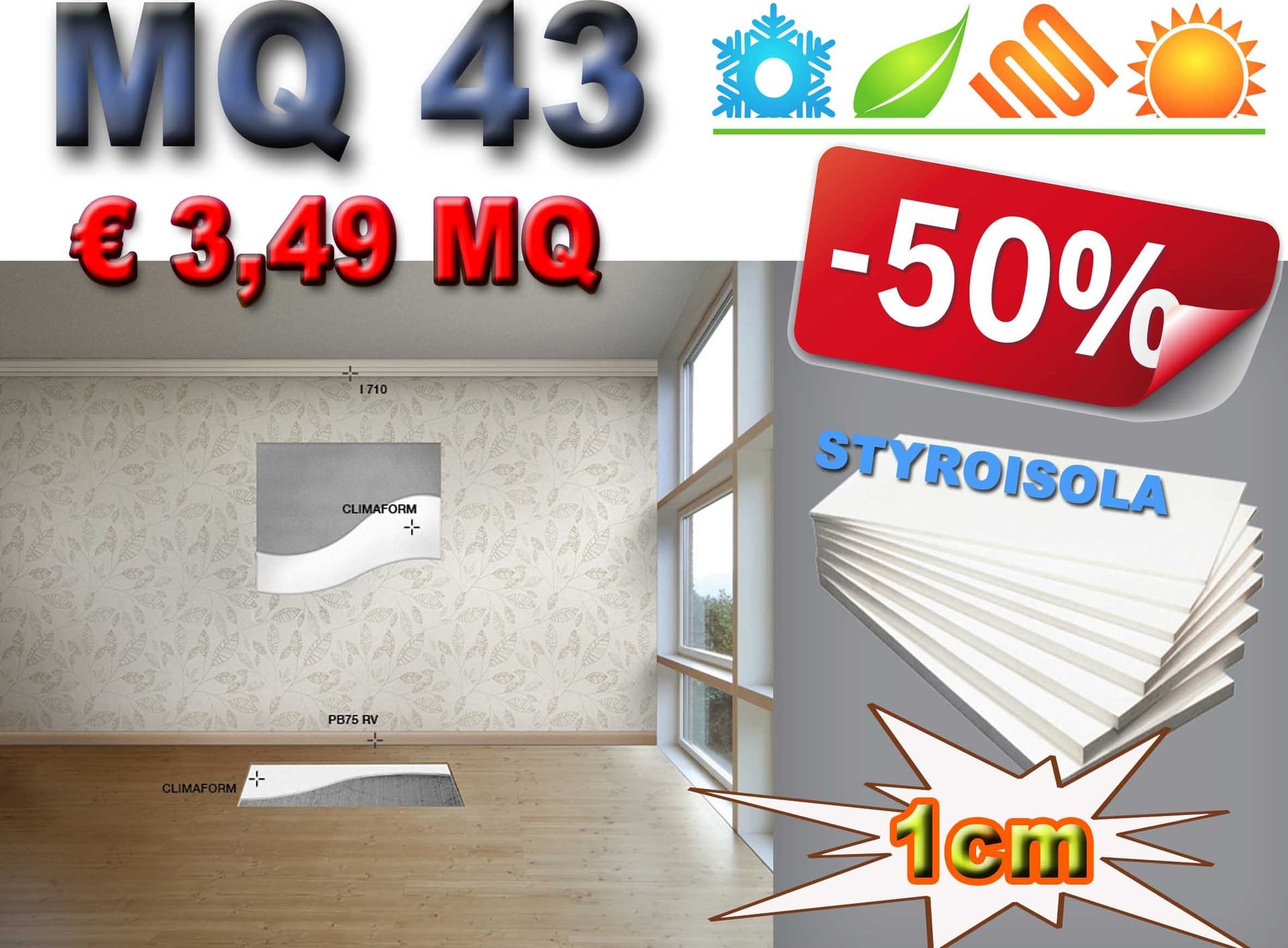 MQ 43 di STYROISOLA 1cm pannelli PS espanso in Lastre alta densità isolanti ed intonacabili per pareti, sottotetti e sottopavimenti. isolamento termico, acustico e antiumido. 60X120CM - 3