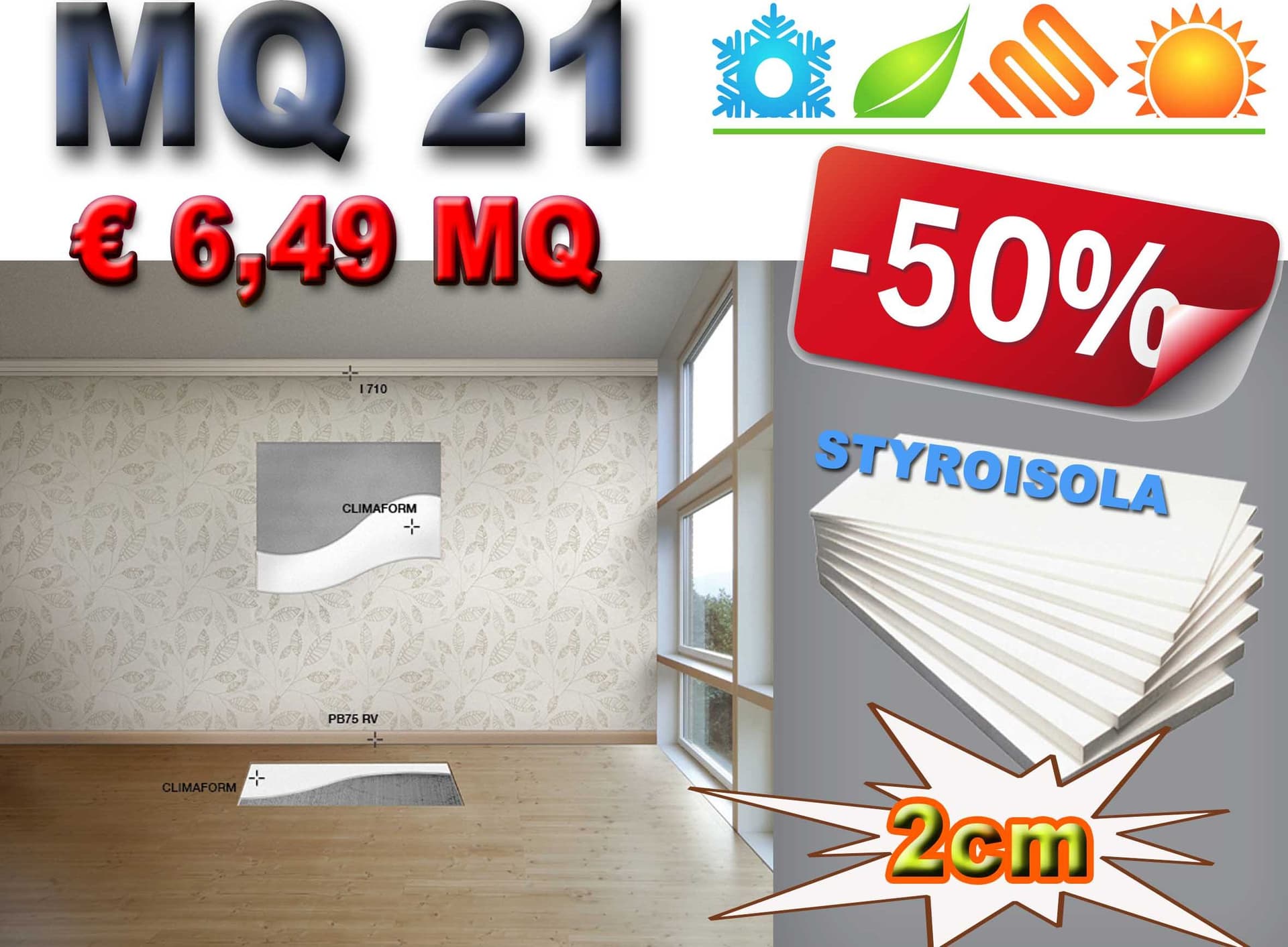 MQ 21 di STYROISOLA 2cm pannelli PS espanso in Lastre alta densità isolanti ed intonacabili per pareti, sottotetti e sottopavimenti. isolamento termico, acustico e antiumido. 60X120CM - 3