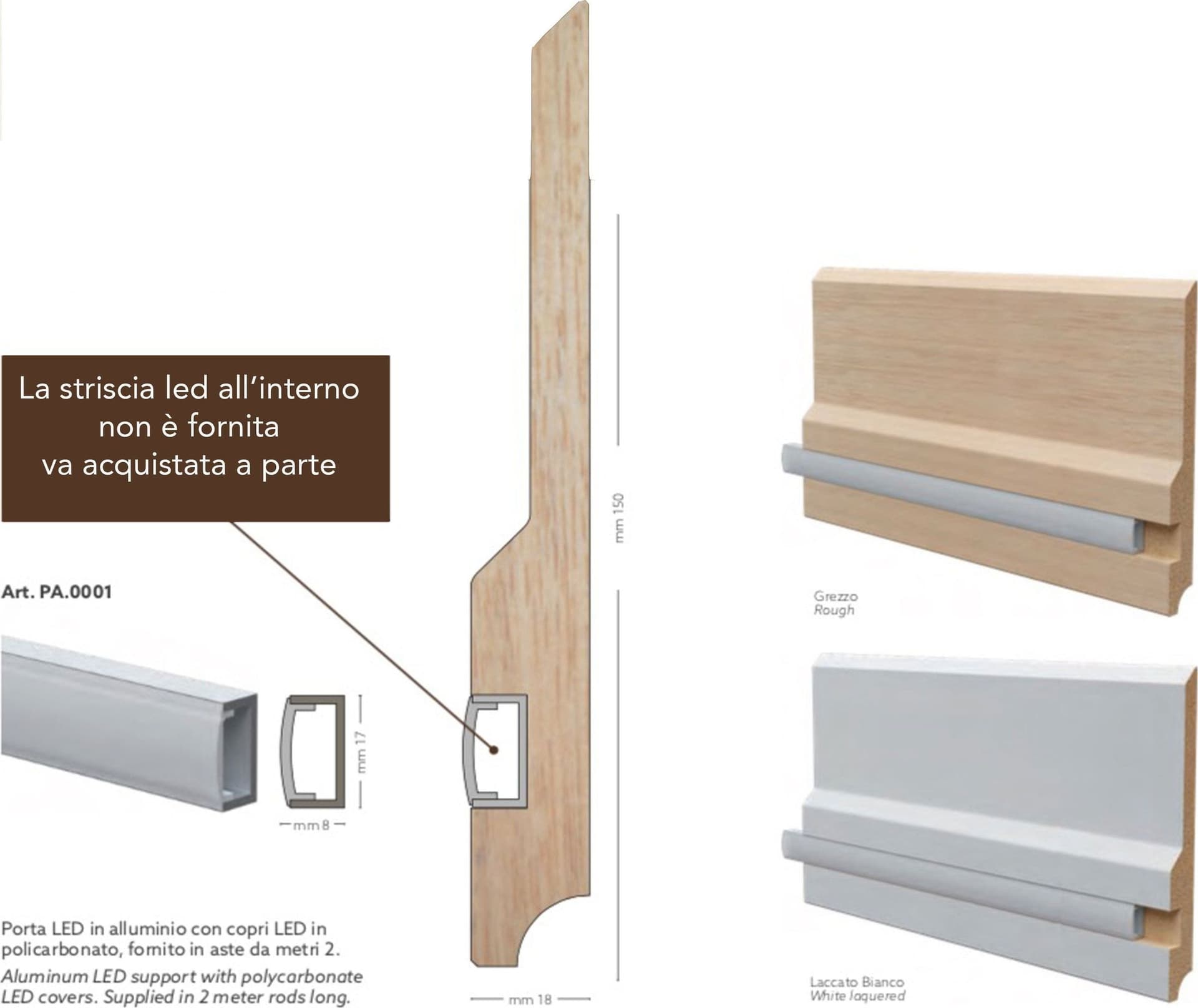 20ML o multipli di BATTISCOPA LED in legno MASSELLO mod. SKYLINE 150x18 + portaled Alluminio - 2