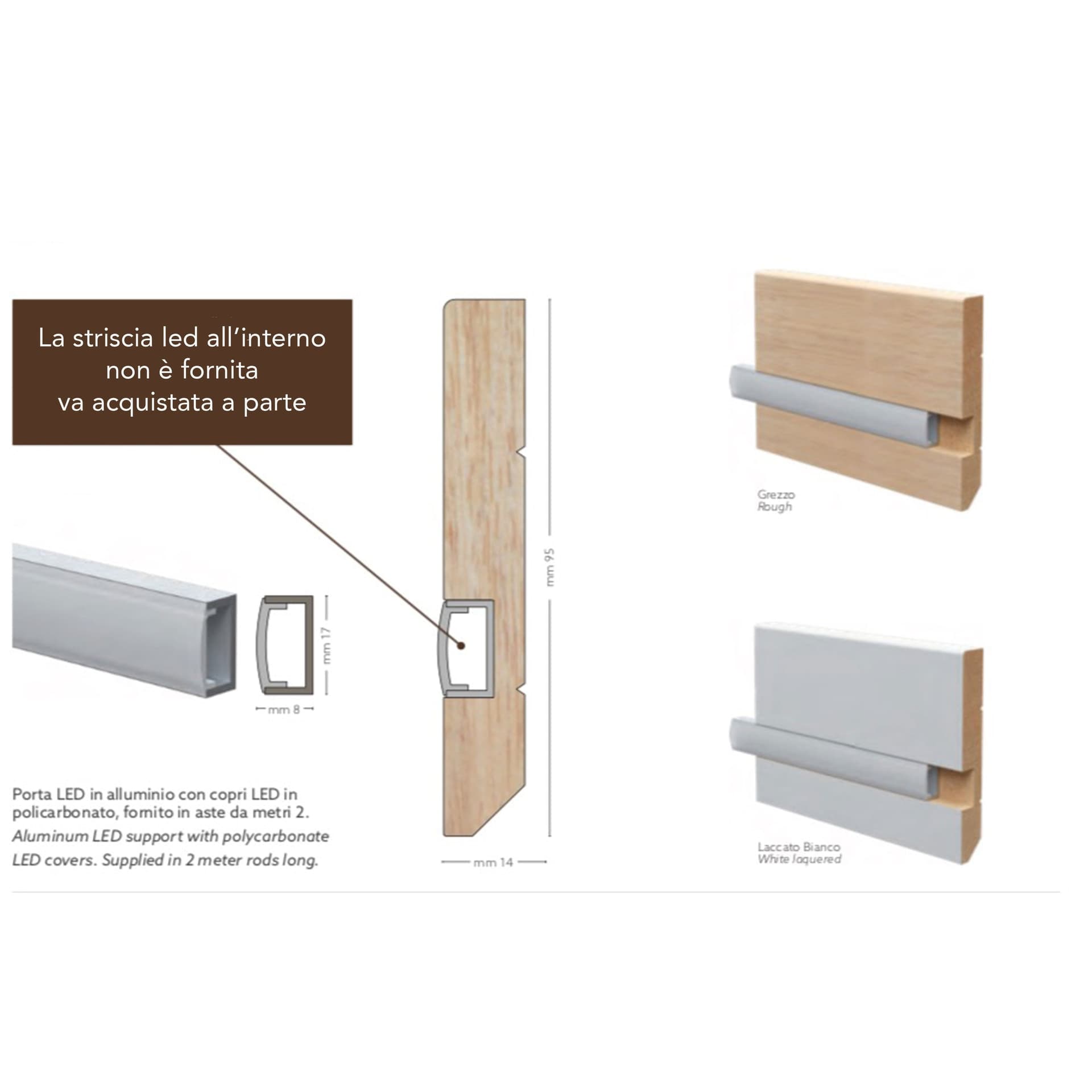 28ML o multipli di BATTISCOPA LED squadrato in legno MASSELLO 95x14 + portaled Alluminio - 5