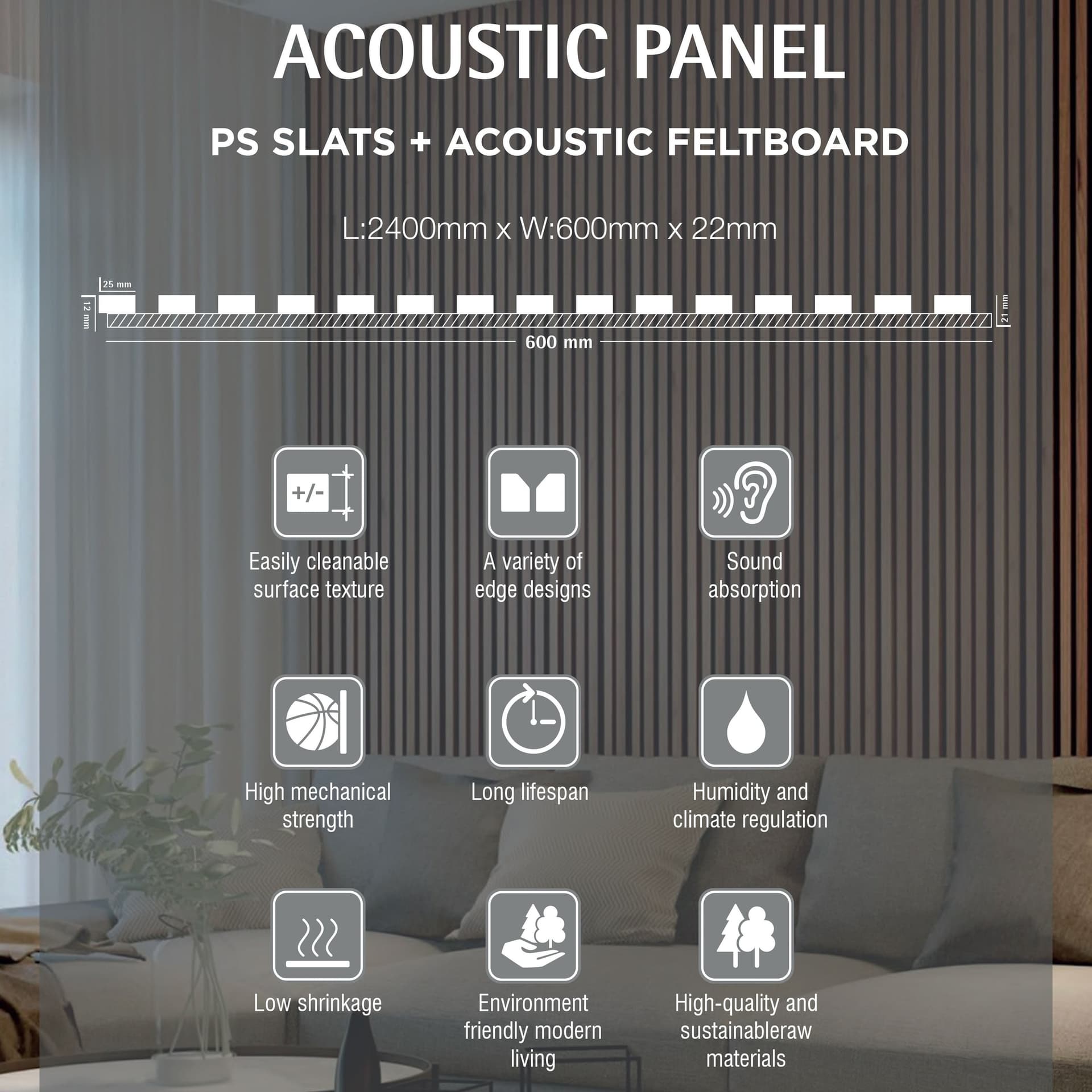 Pannello intero 21x600x2800mm (1,74mq) di Rivestimento ACUSTICO a Lamelli in Polimeri e Pet TOP-QUALITY -  ROVERE DARK - 5