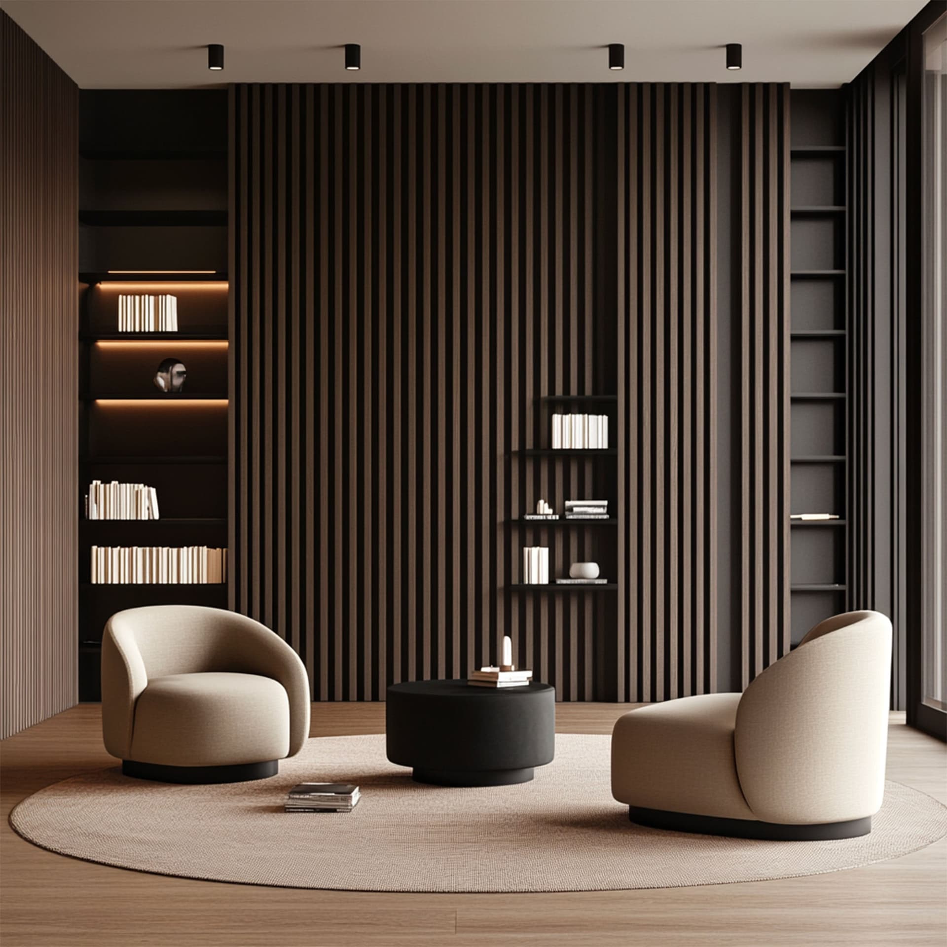 Pannello intero 21x600x2800mm (1,74mq) di Rivestimento ACUSTICO a Lamelli in Polimeri e Pet TOP-QUALITY -  ROVERE DARK - 6