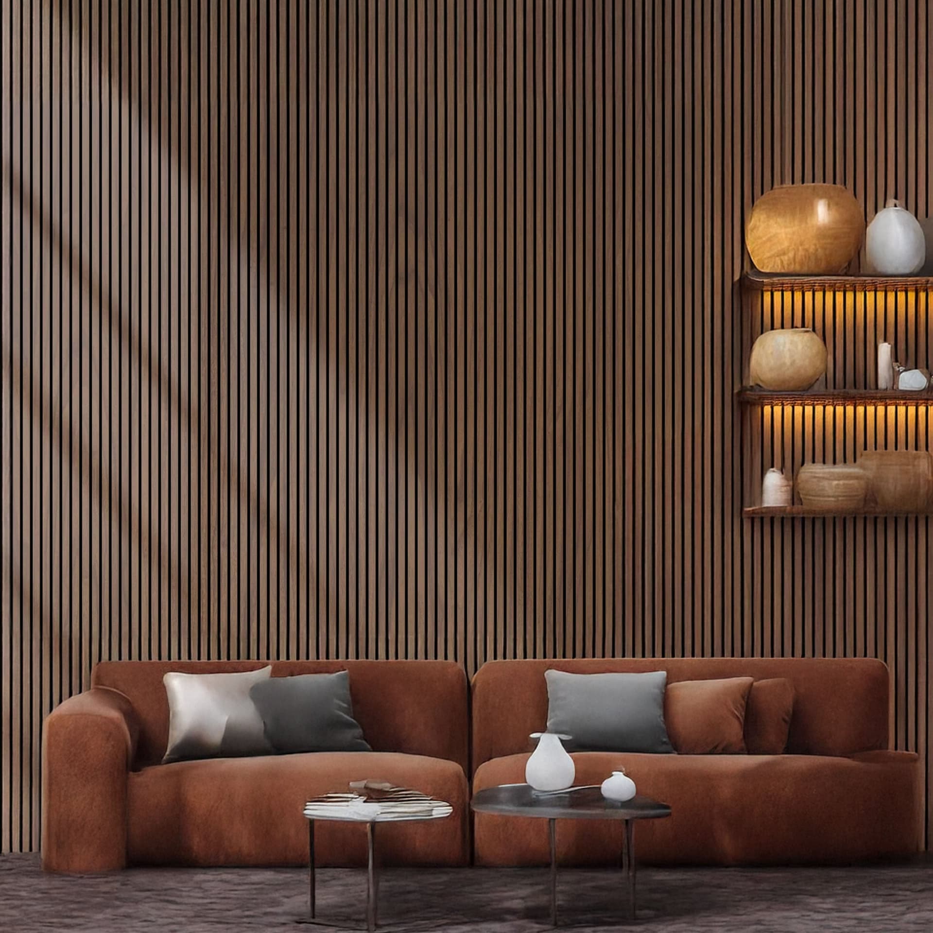 Pannello ACUSTICO (1,74mq) a Lamelli AUTOADESIVO rivestito in VERO LEGNO + feltro + fibra di legno  - mis. 12x600x2900mm NOCE - 3