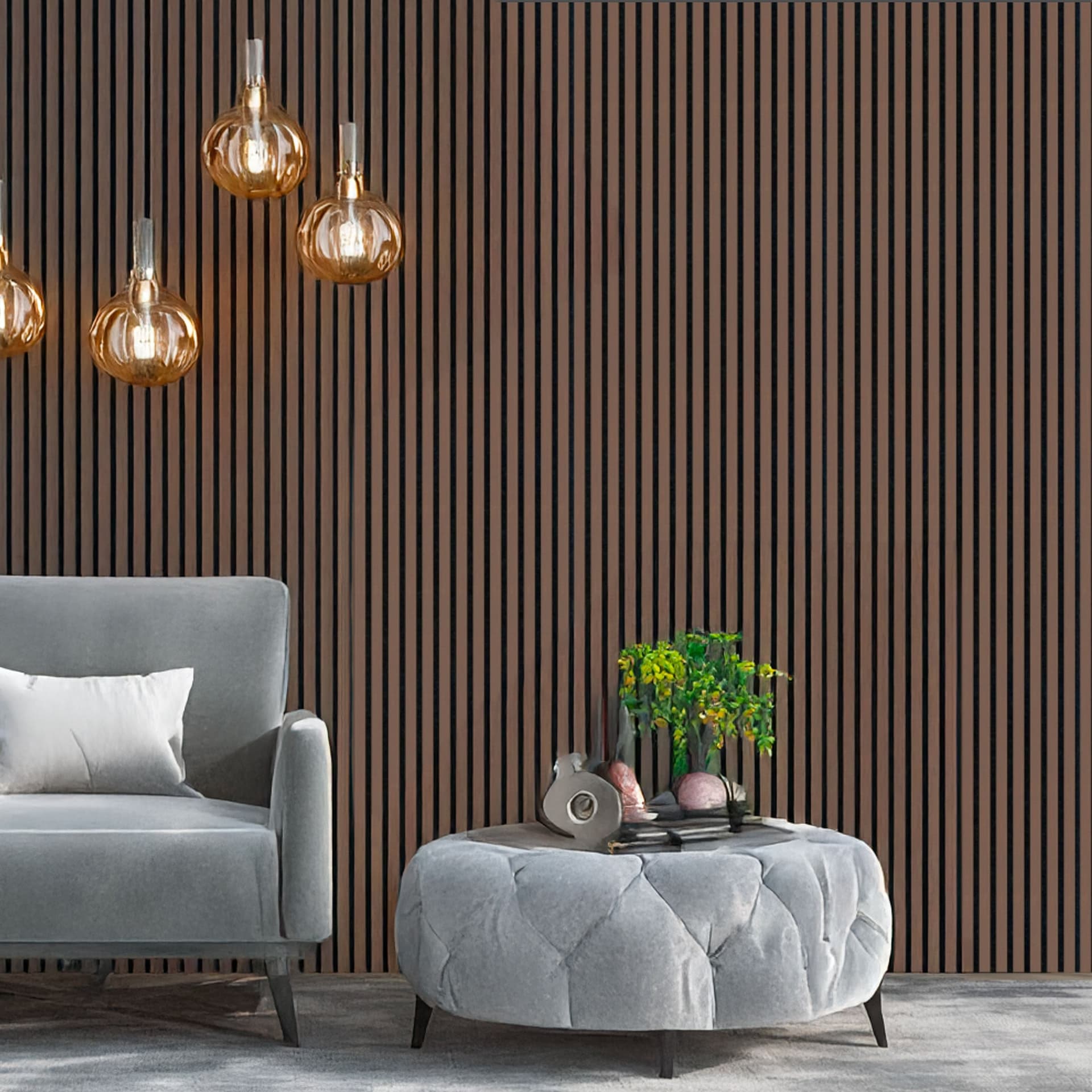 Pannello ACUSTICO (1,74mq) a Lamelli AUTOADESIVO rivestito in VERO LEGNO + feltro + fibra di legno  - mis. 12x600x2900mm NOCE - 5
