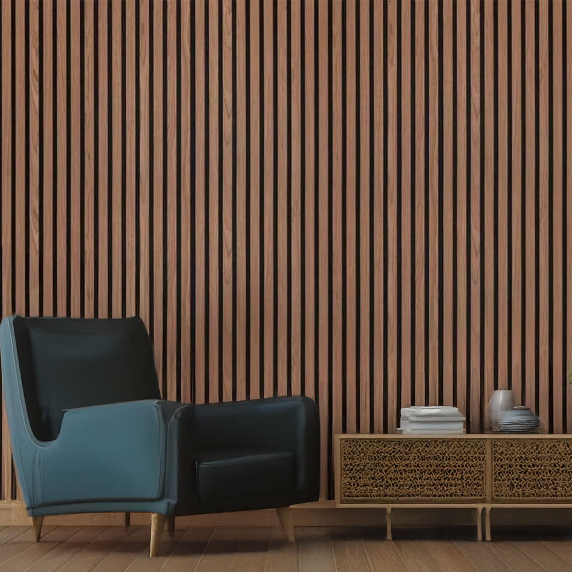 Pannello ACUSTICO (1,74mq) a Lamelli AUTOADESIVO rivestito in VERO LEGNO + feltro + fibra di legno  - mis. 12x600x2900mm NOCE - 6