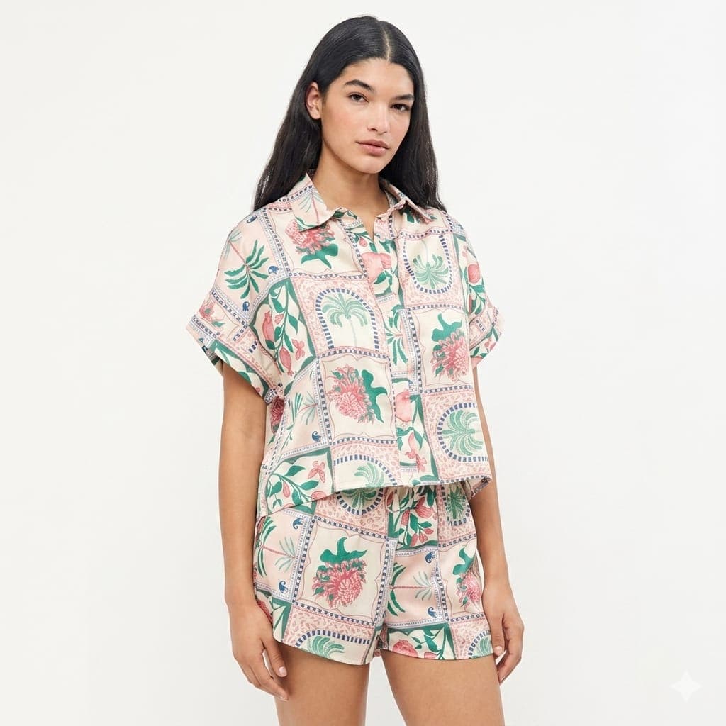 Pigiama Donna Primavera/Estate Gisela 2020391B Satin Mosaico Floreale Tropicale - 5