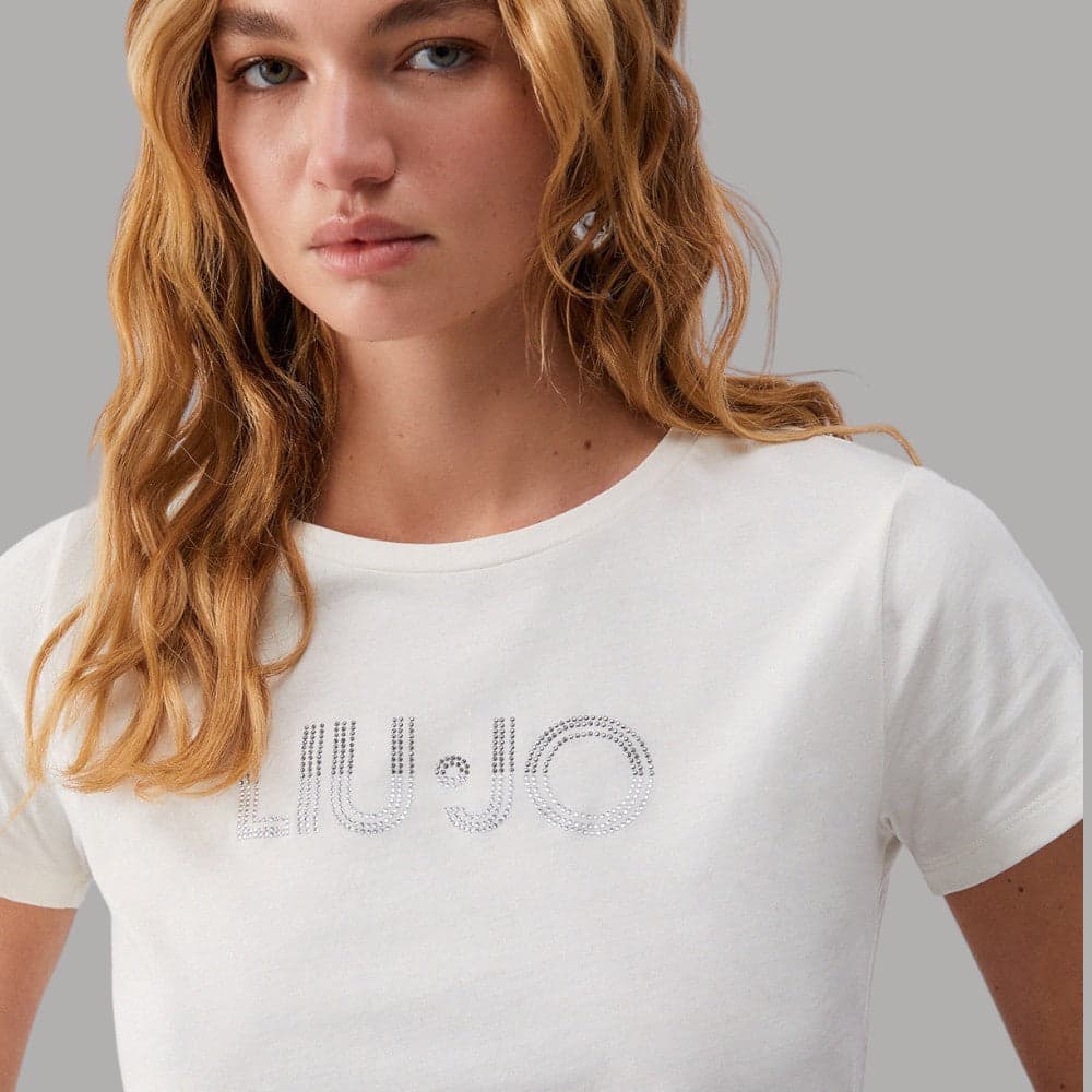 Liu Jo T-shirt Cotone Bianco Strass "Better" Girocollo - 4