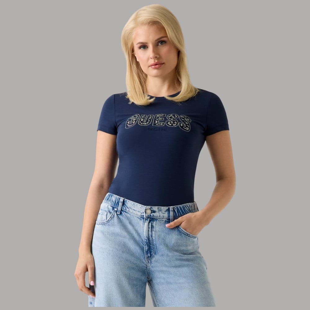 T-shirt Guess Slim Donna Logo Strass Glamour Cotone Stretch - 6