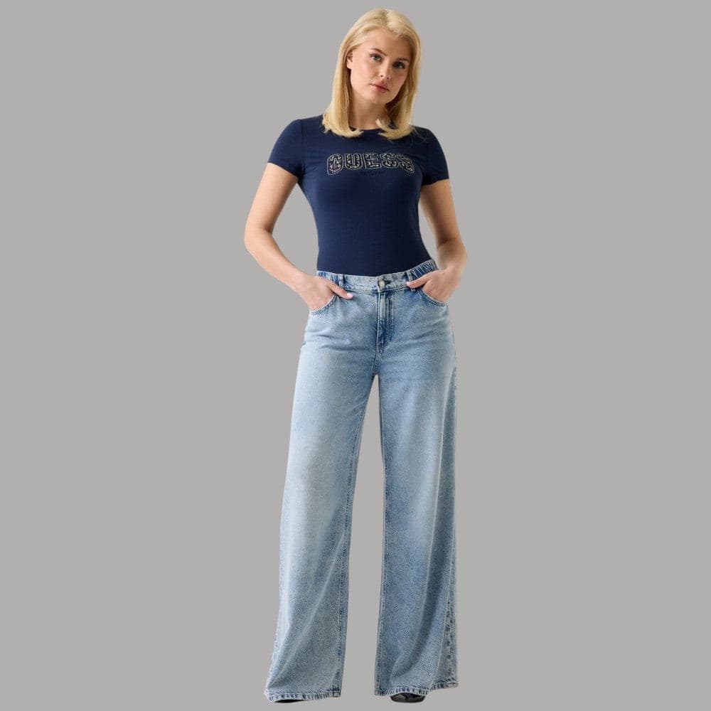 T-shirt Guess Slim Donna Logo Strass Glamour Cotone Stretch - 2