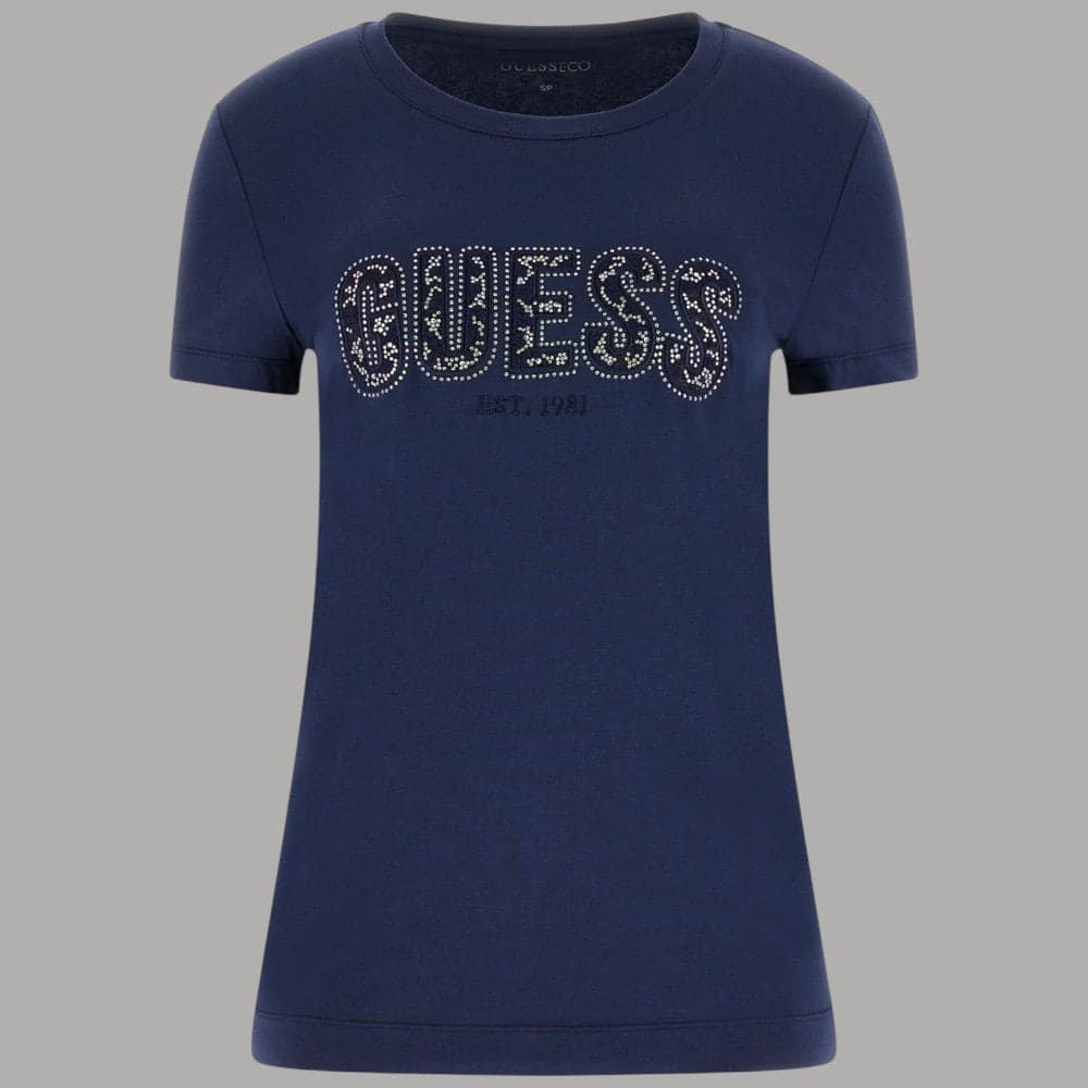 T-shirt Guess Slim Donna Logo Strass Glamour Cotone Stretch - 5