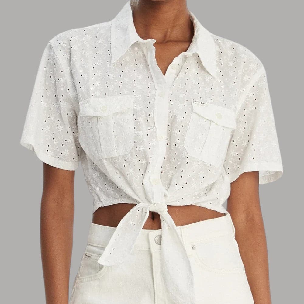 Camicia Guess GJ Bianca Cropped Nodo Ricamo Cotone - 7